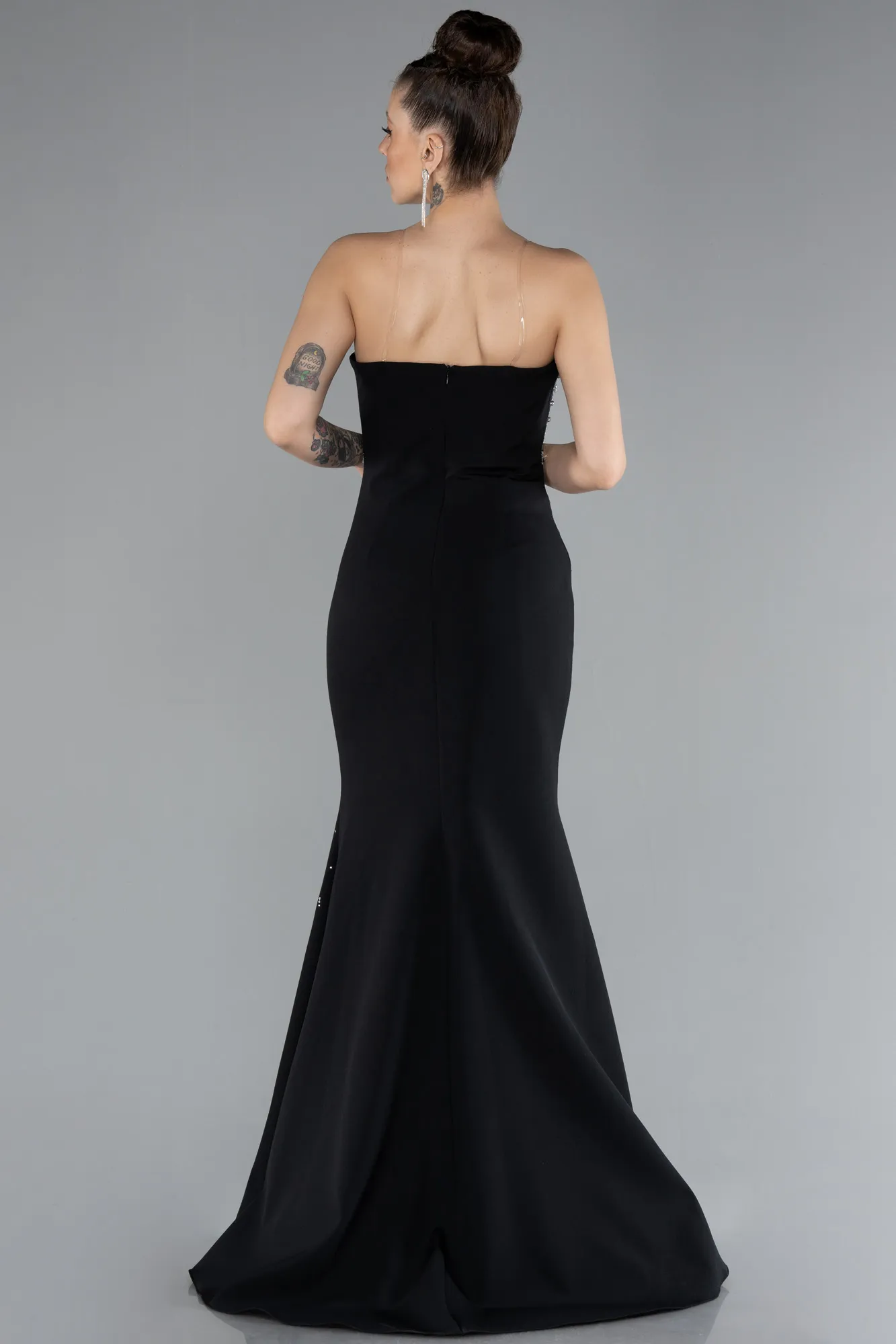 Black-Strapless Stoned Slit Long Evening Gown ABU4535