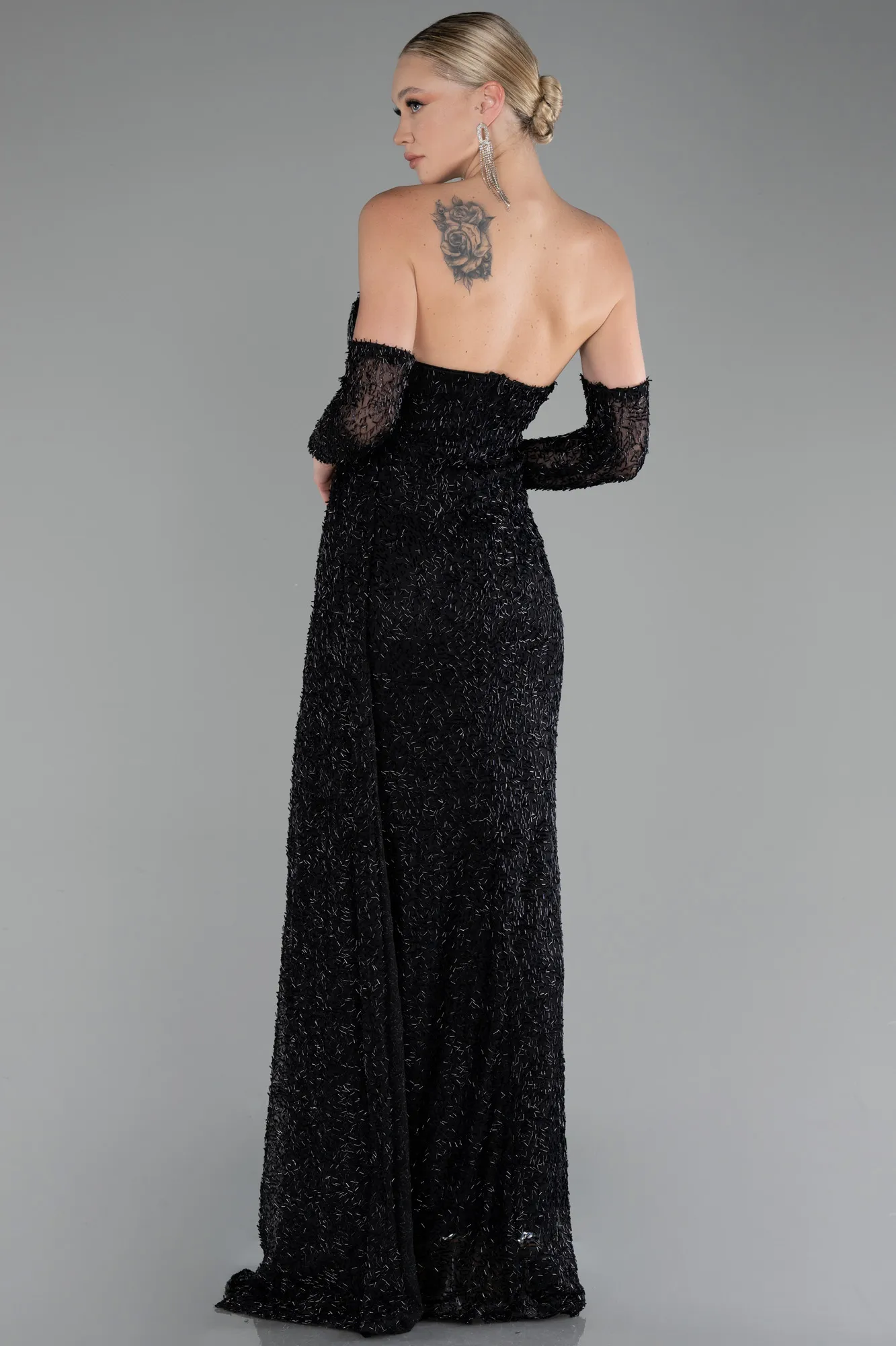 Black-Strapless Stony Long Slit Prom Gown ABU4163