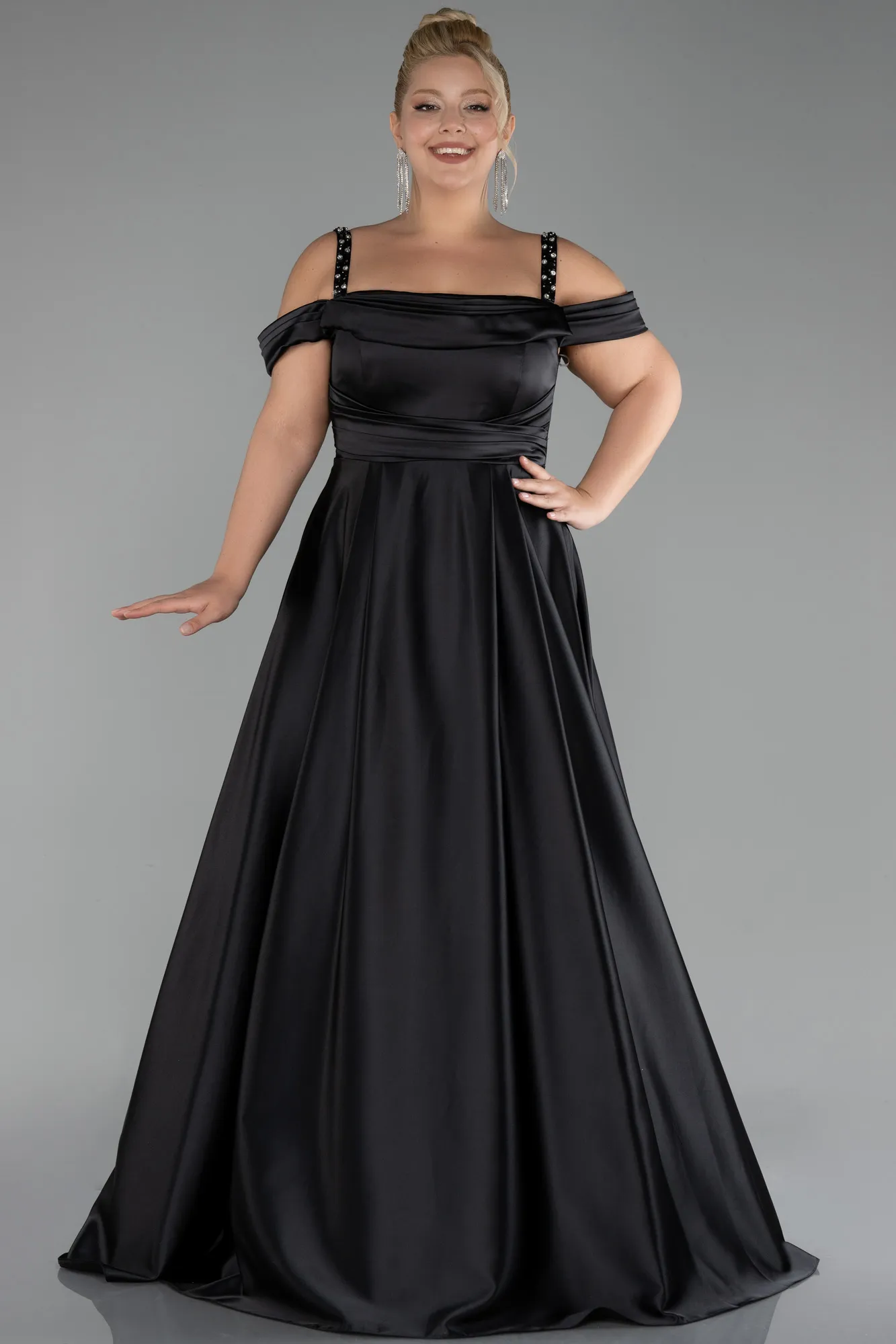 Black-Strappy Long Satin Plus Size Engagement Dress ABU4207