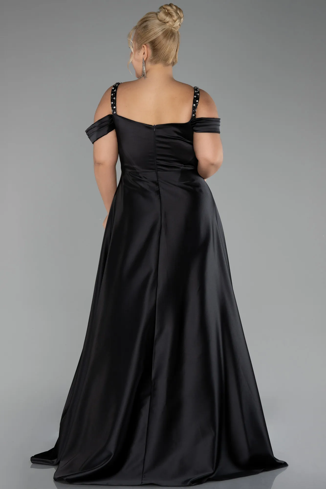 Black-Strappy Long Satin Plus Size Engagement Dress ABU4207