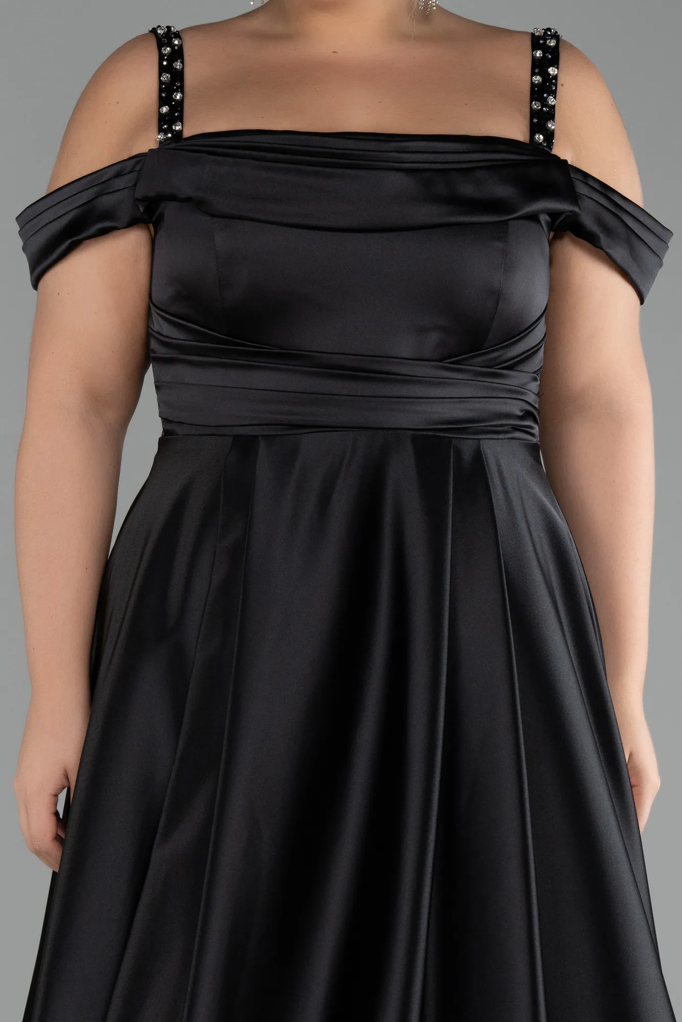 Black-Strappy Long Satin Plus Size Engagement Dress ABU4207