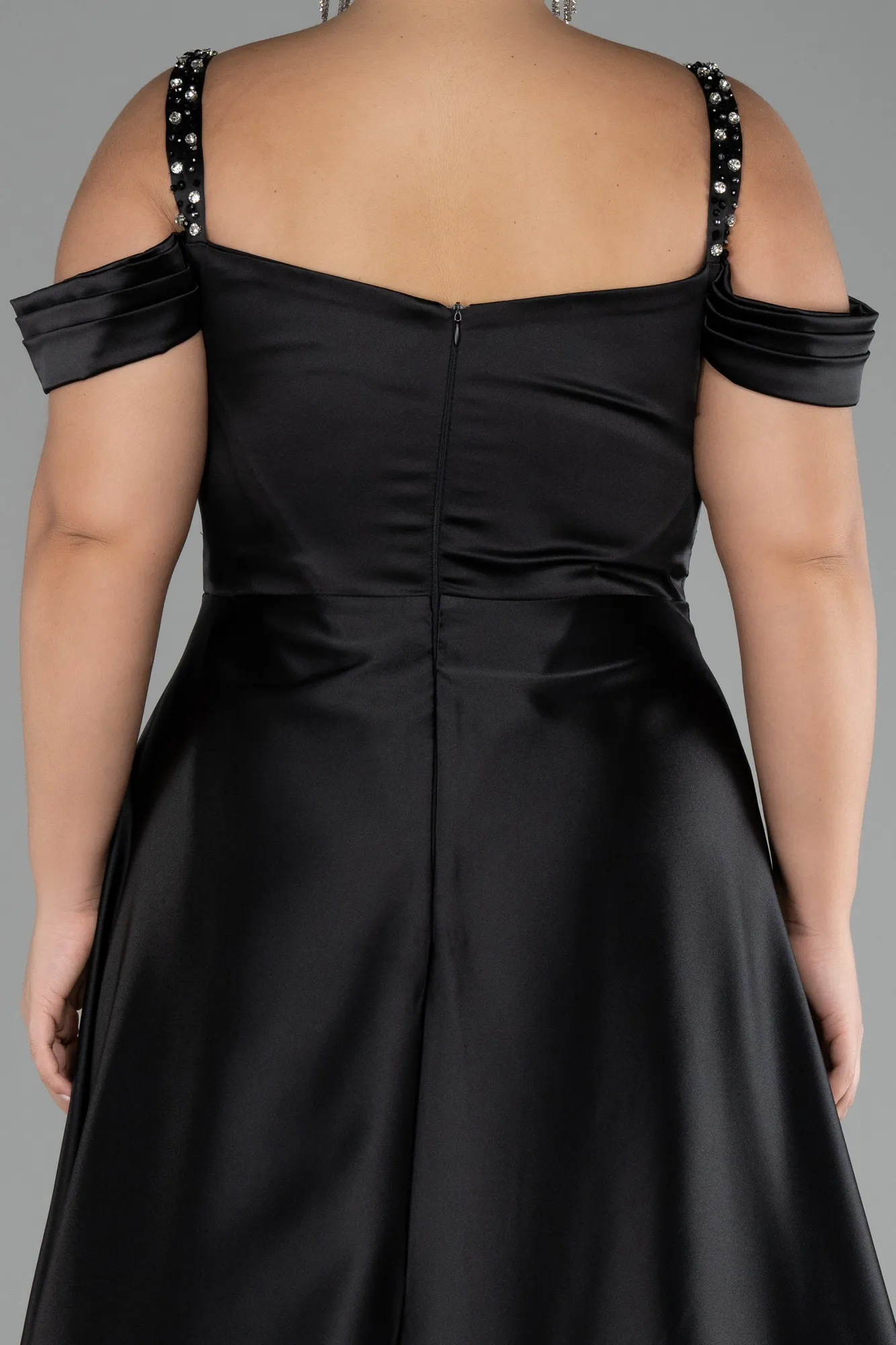 Black-Strappy Long Satin Plus Size Engagement Dress ABU4207