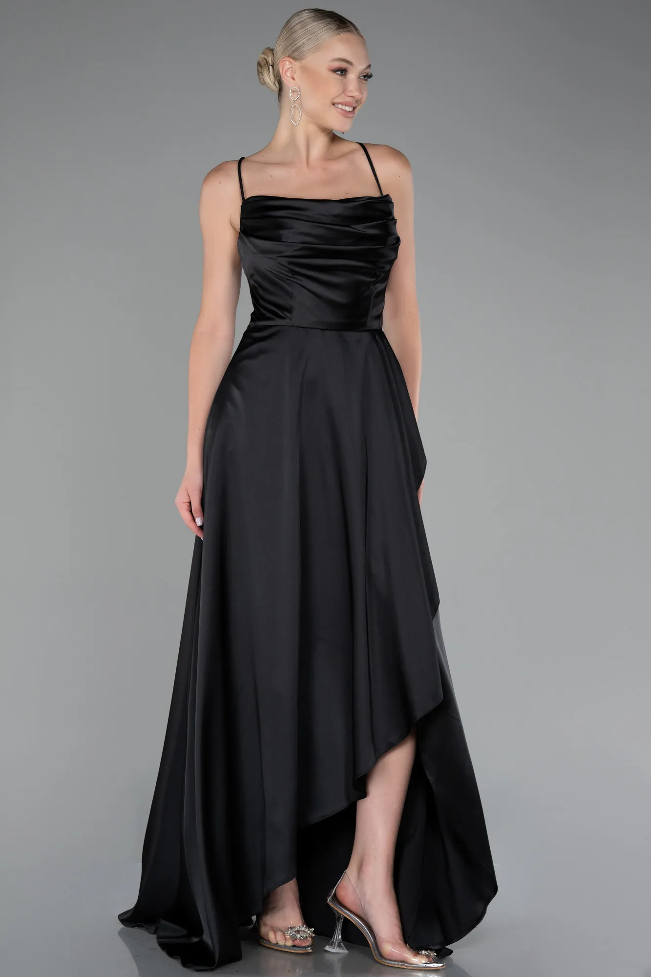 Black-Strappy Long Satin Prom Gown ABU4073