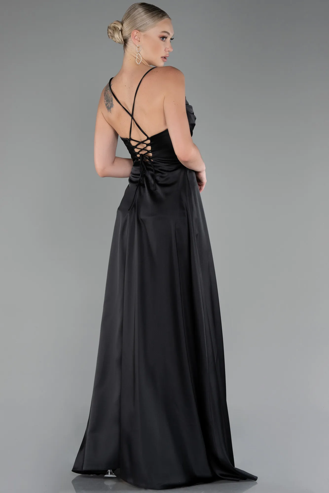 Black-Strappy Long Satin Prom Gown ABU4073