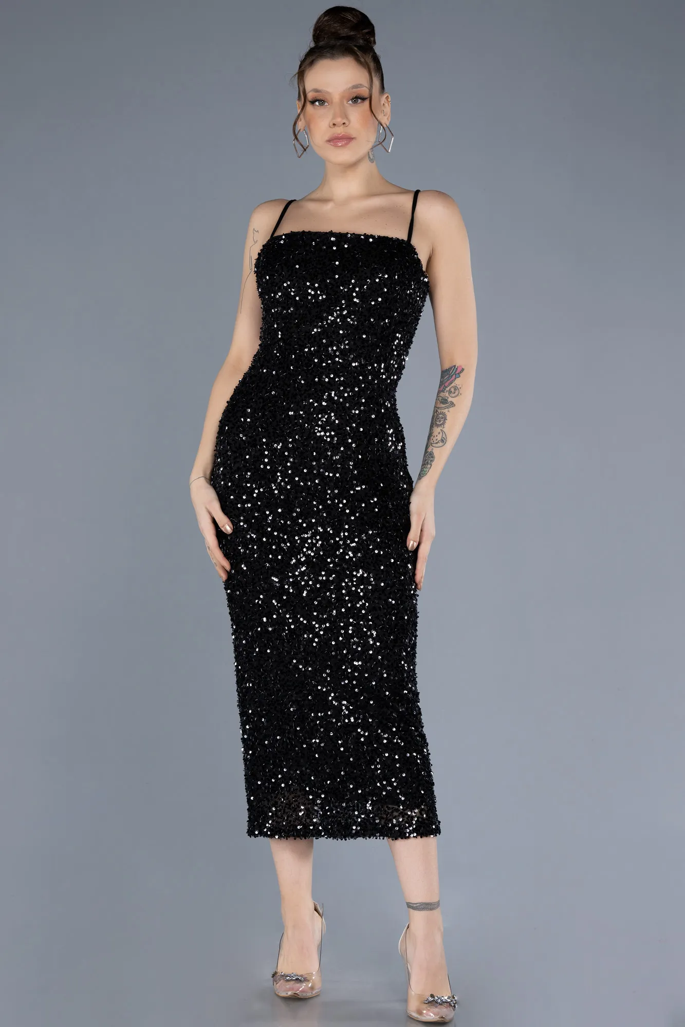 Black-Strappy Midi Scaly Party Dress ABK2223