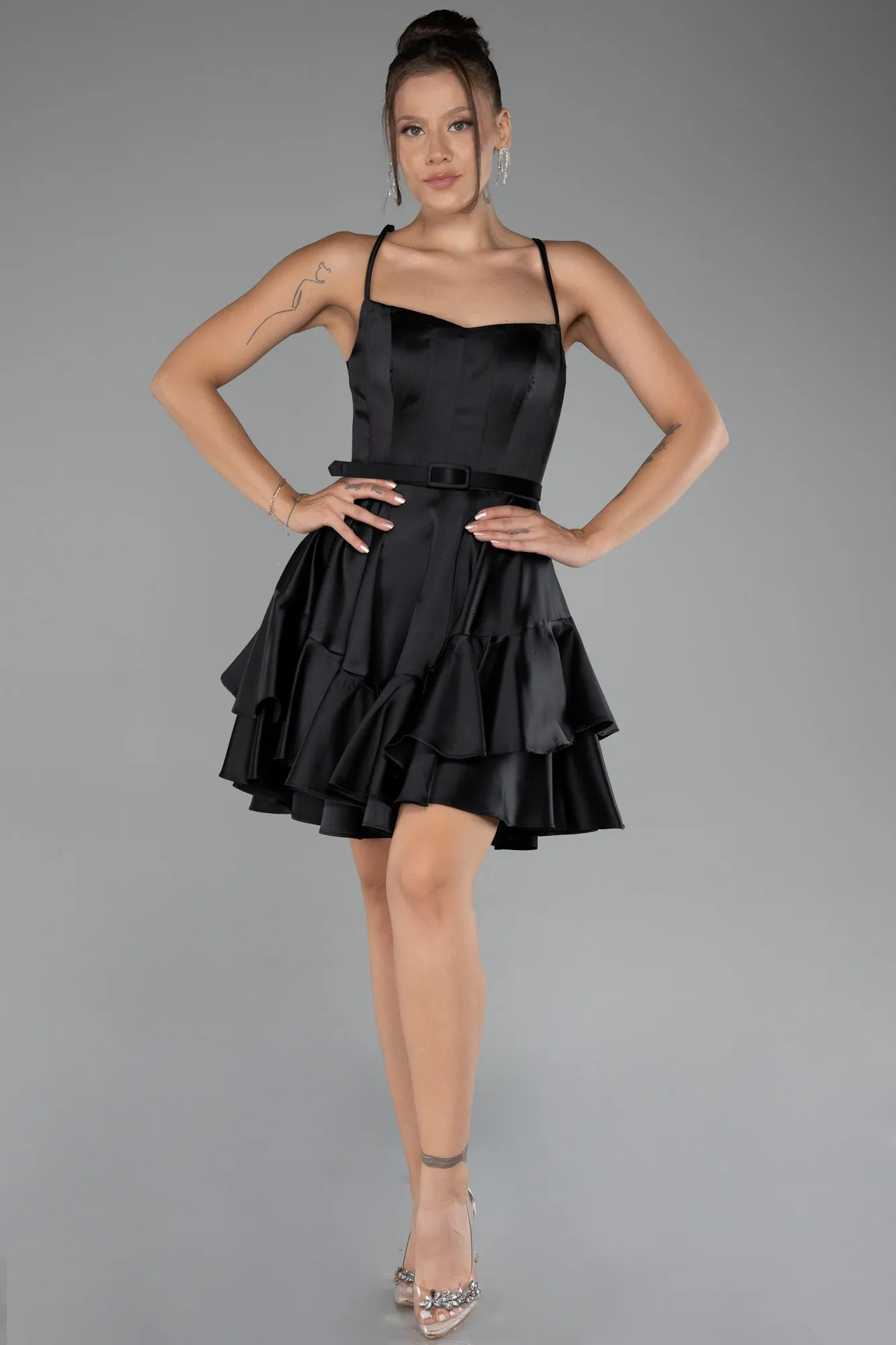 Black-Strappy Short Satin Cocktail Dress ABK2114