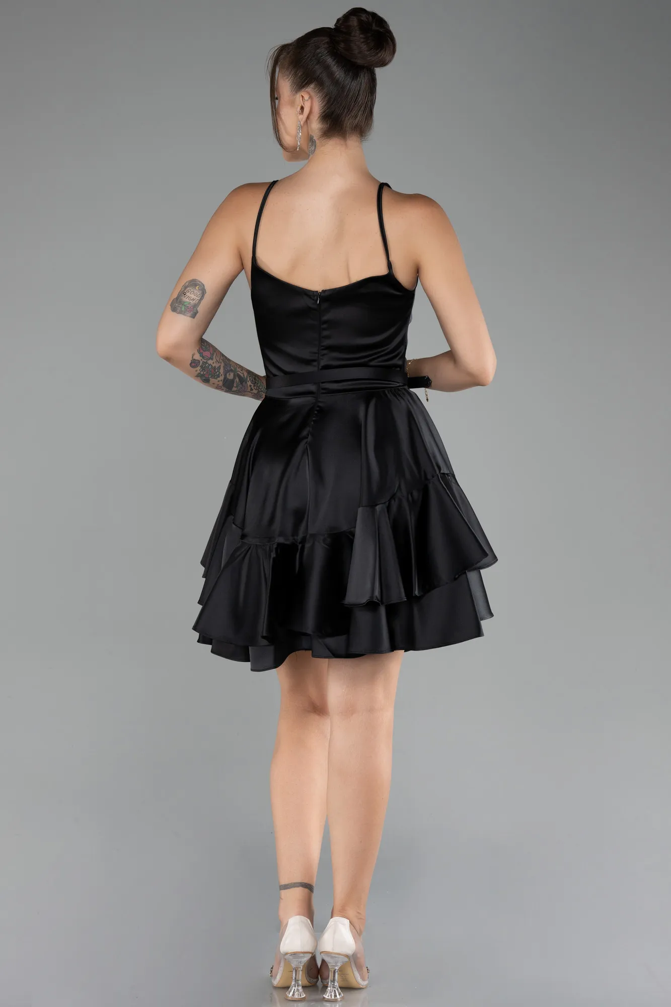 Black-Strappy Short Satin Cocktail Dress ABK2114