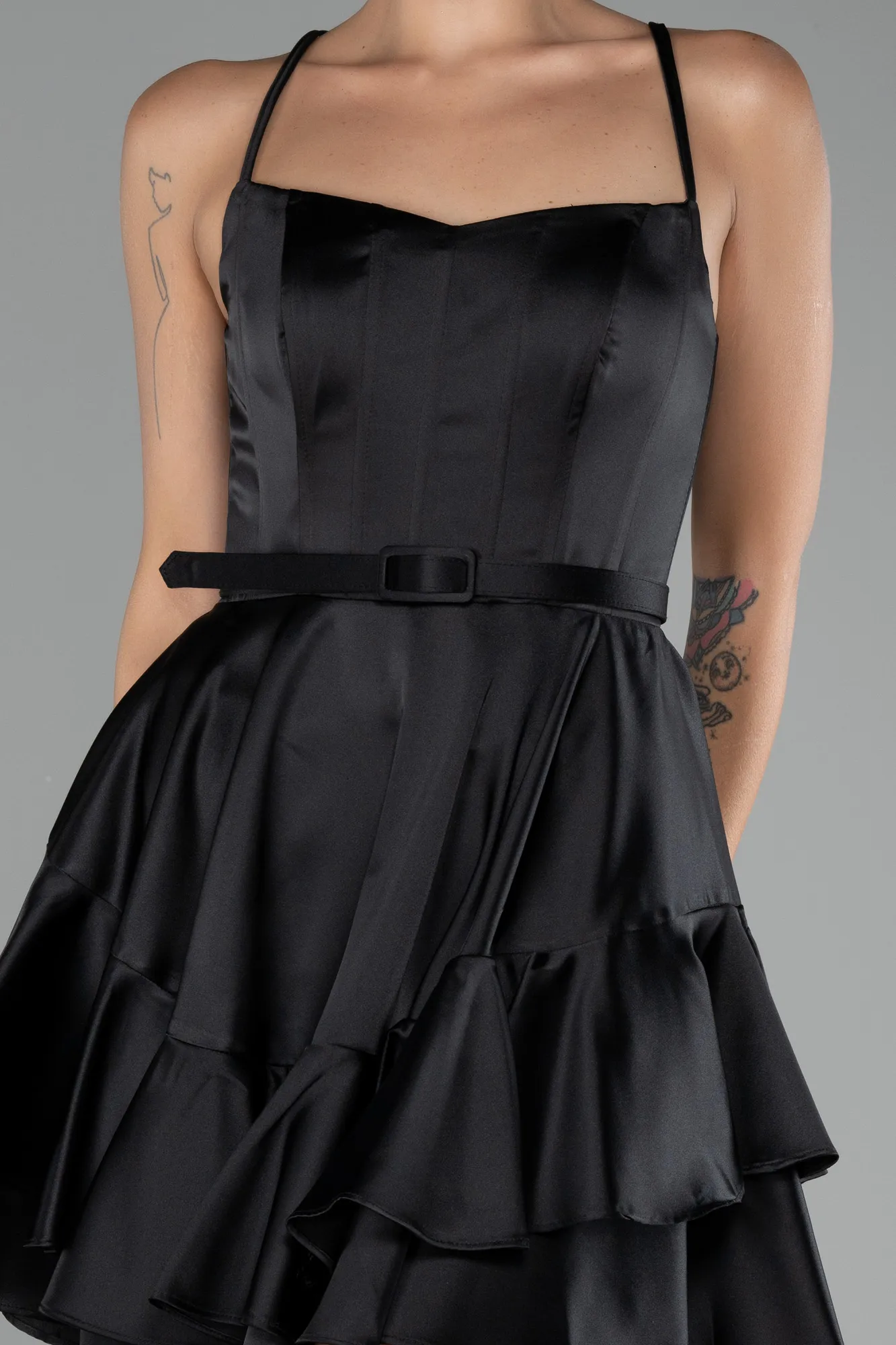 Black-Strappy Short Satin Cocktail Dress ABK2114