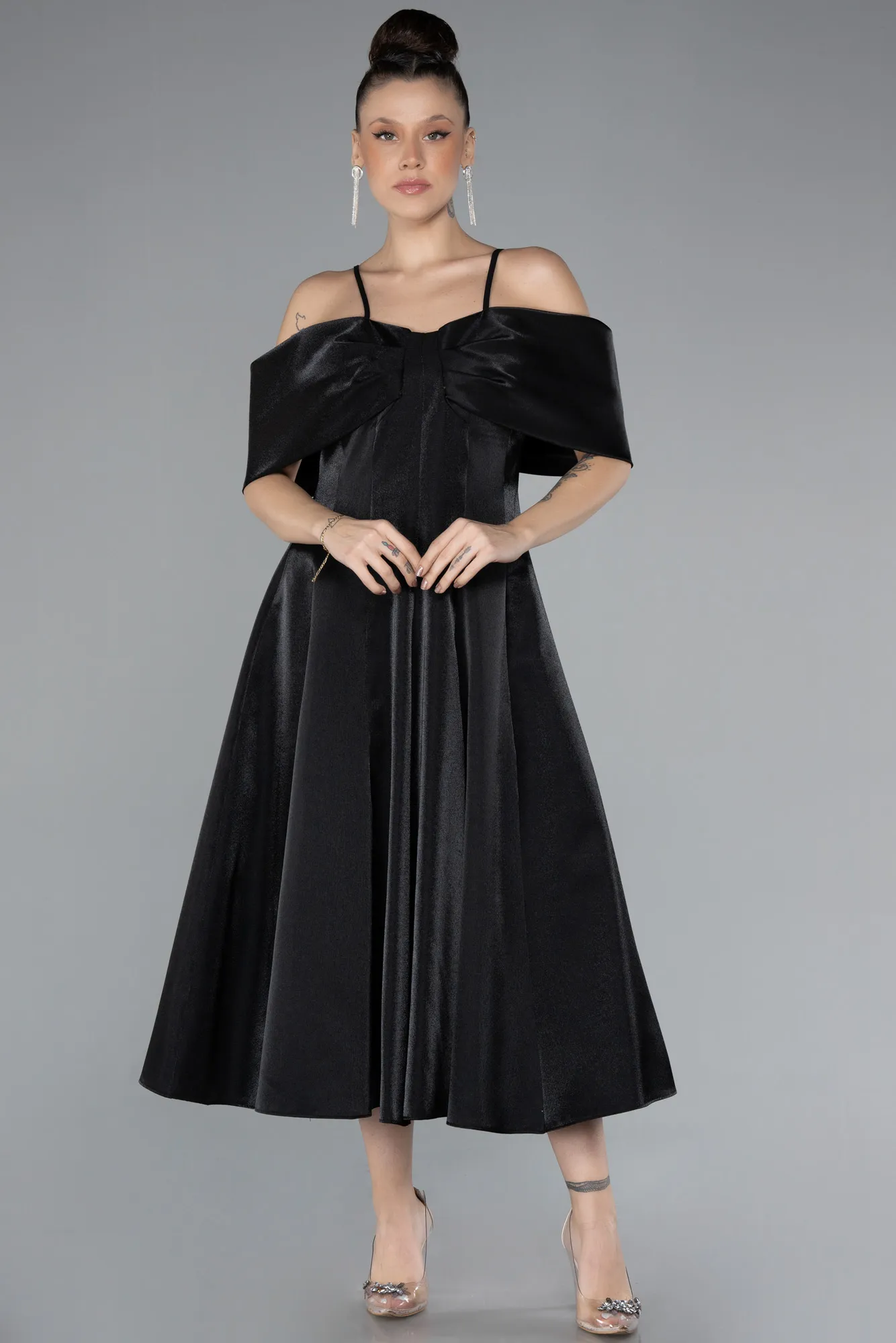 Black-Strappy Shoulder Cut Midi Invitation Dress ABK2204