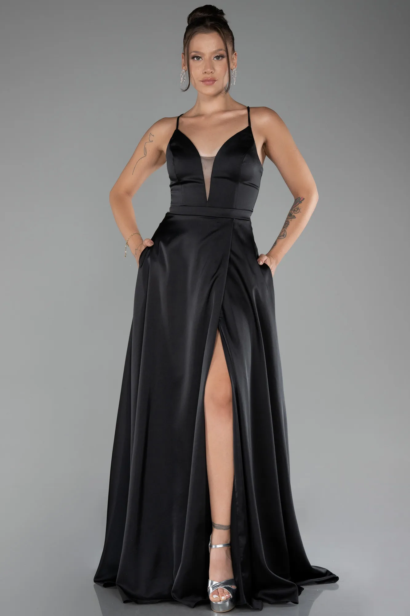 Black-Strappy Slit Long Satin Prom Gown ABU4087