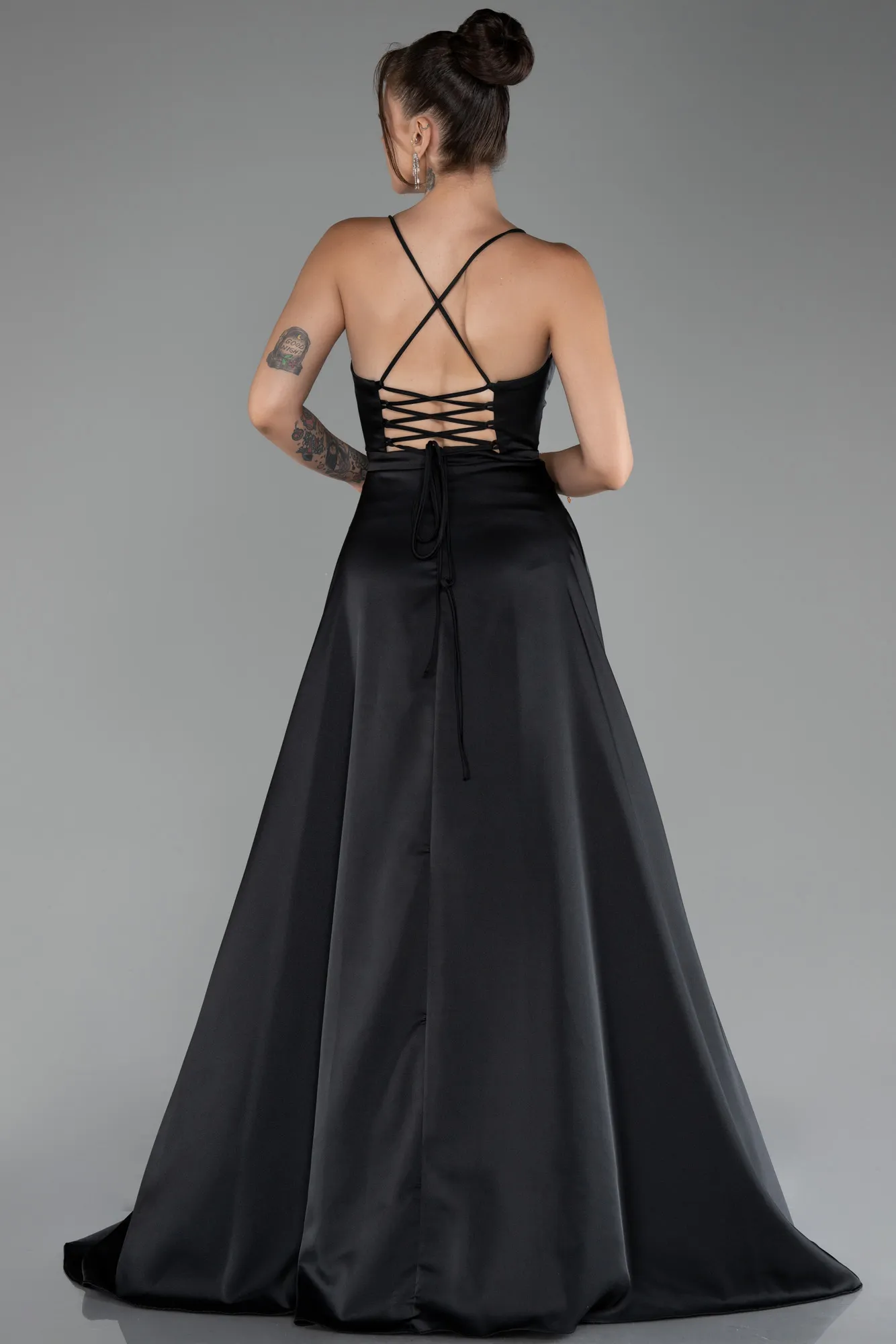 Black-Strappy Slit Long Satin Prom Gown ABU4087