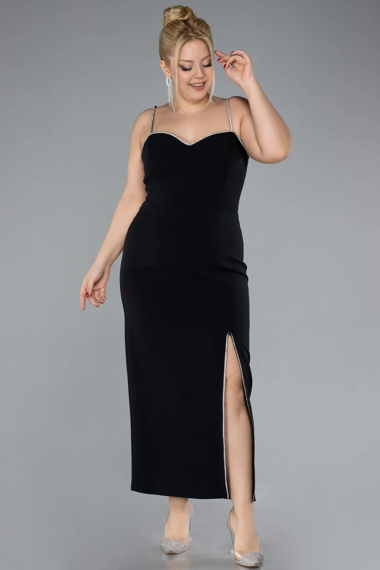 Black-Strappy Slit Midi Plus Size Cocktail Dress ABK2192