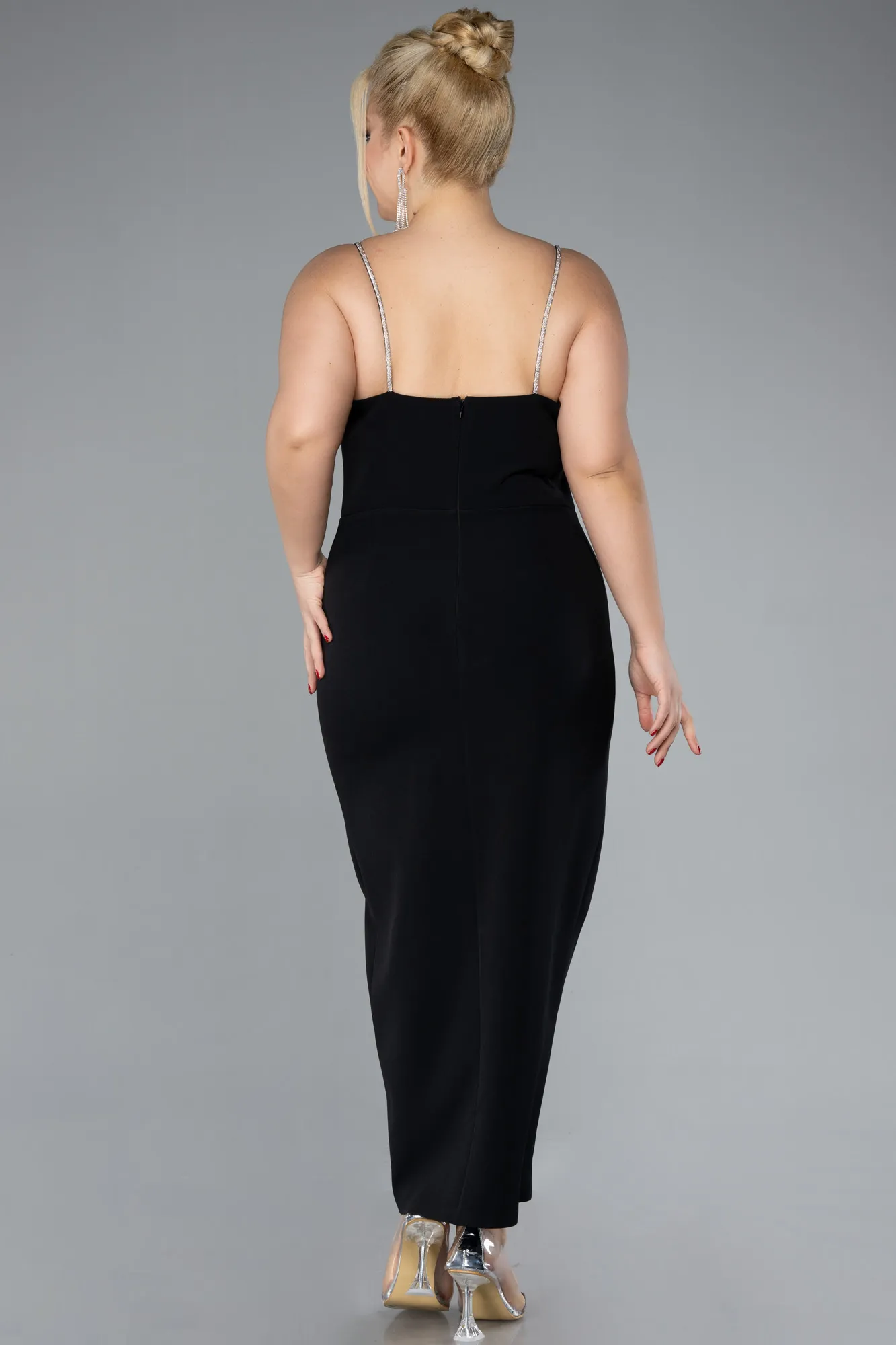 Black-Strappy Slit Midi Plus Size Cocktail Dress ABK2192