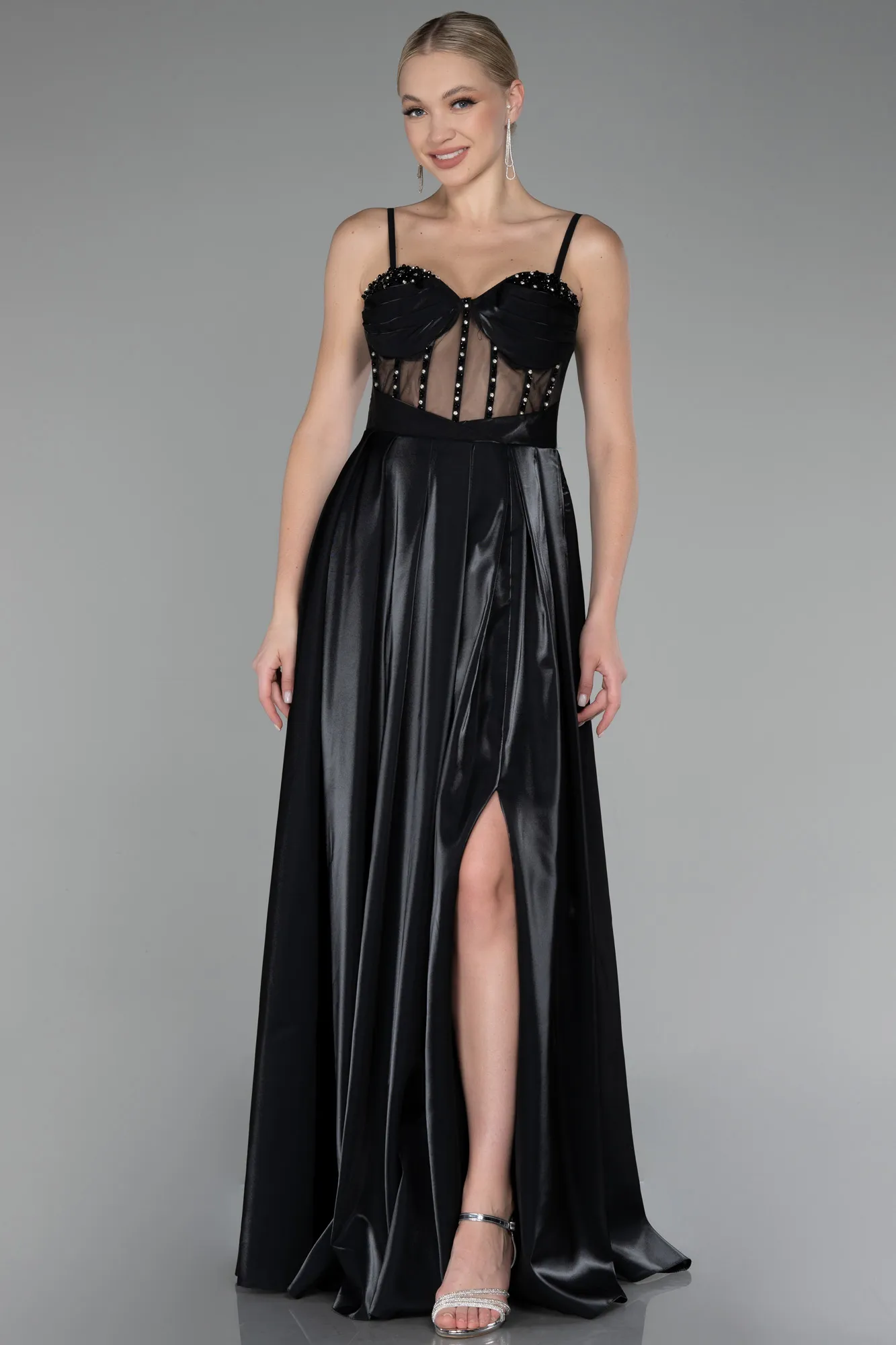 Black-Strappy Underwire Corset Slit Long Satin Prom Dress ABU4112