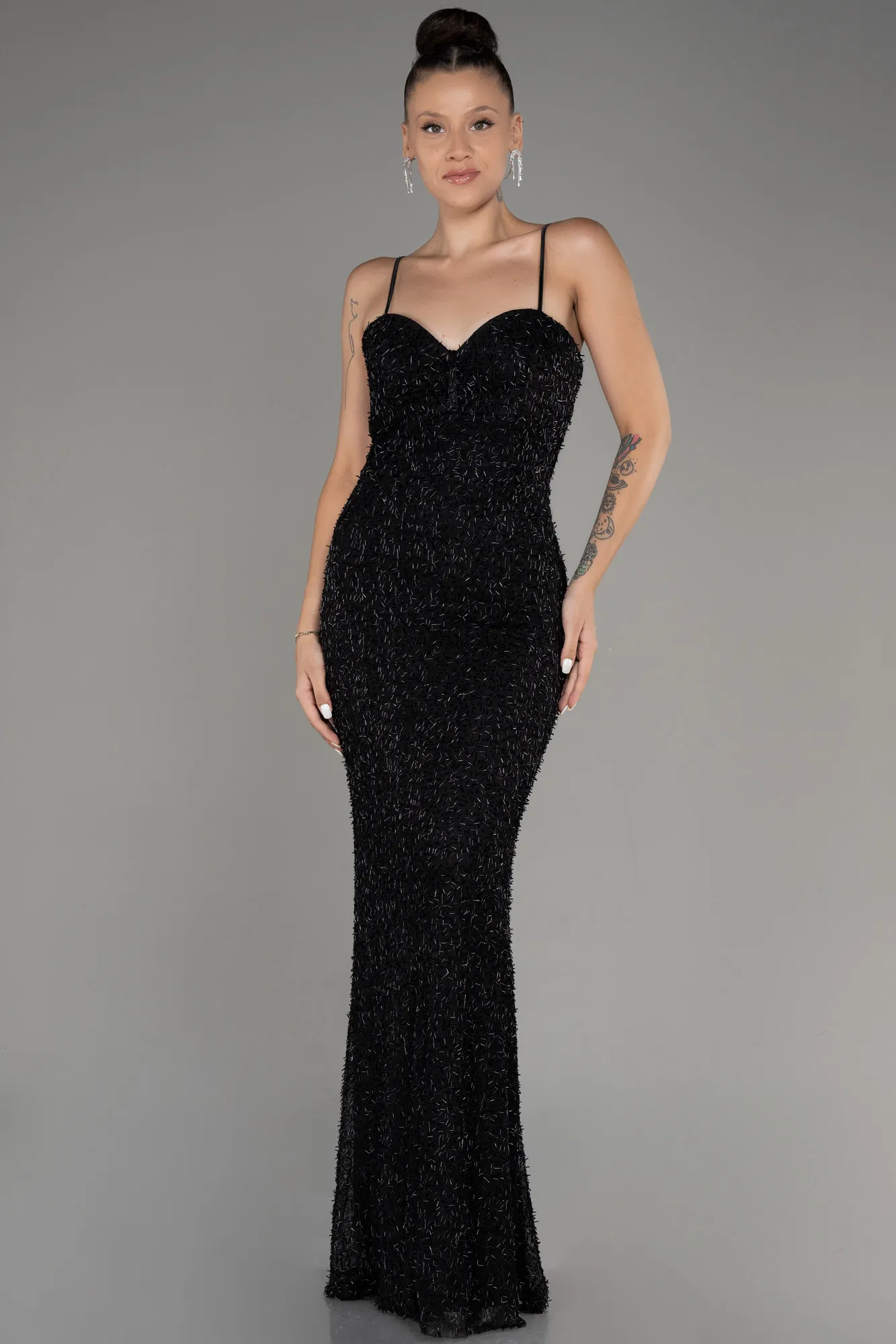 Black-Straps Beaded Long Mermaid Evening Dress ABU4025