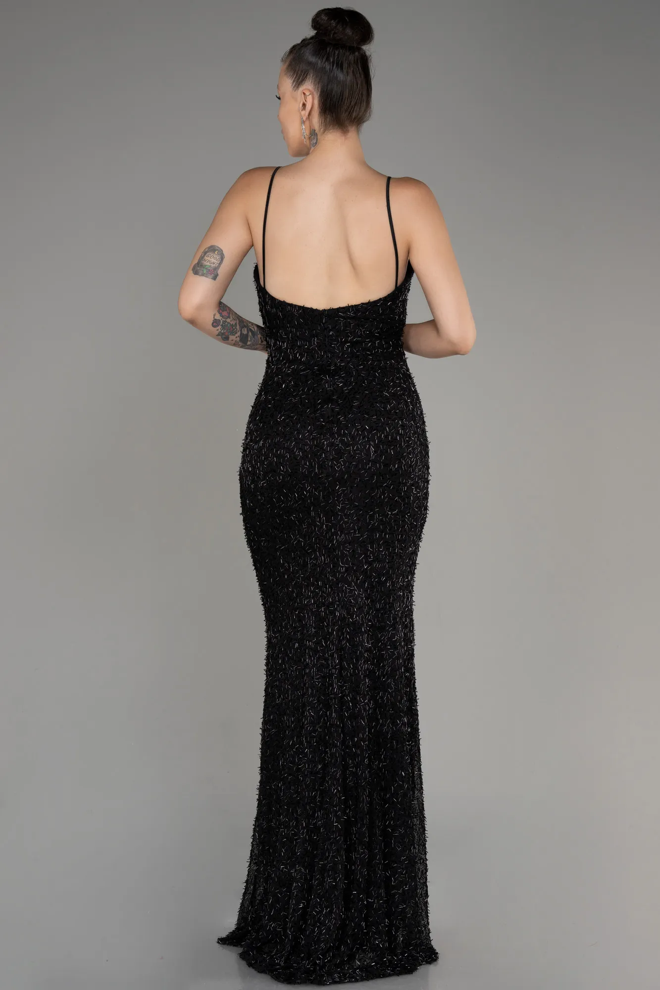 Black-Straps Beaded Long Mermaid Evening Dress ABU4025