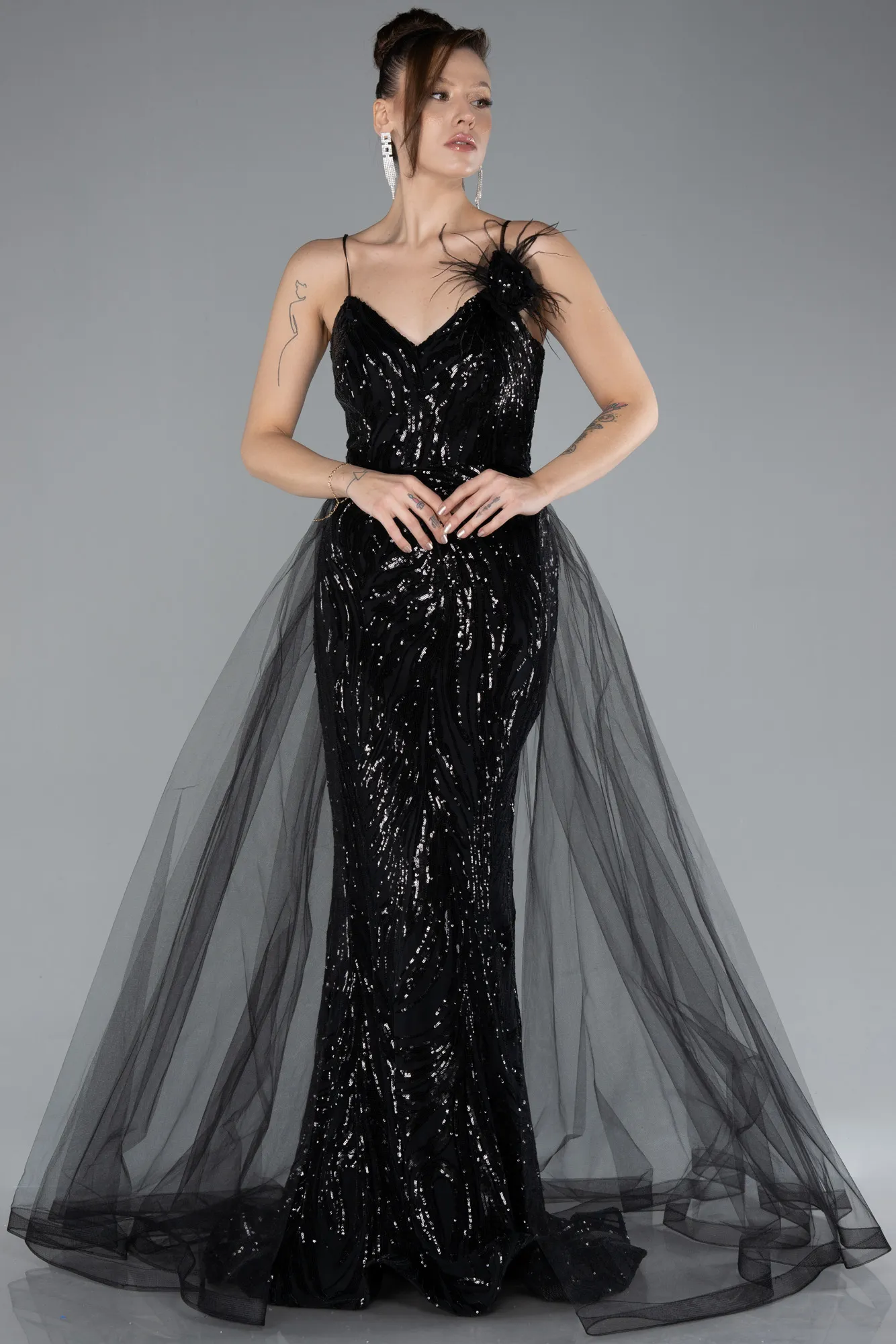 Black-Straps Sequin Train Long Mermaid Prom Dress ABU4494