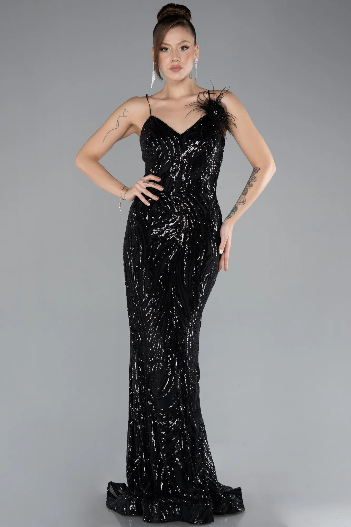 Black-Straps Sequin Train Long Mermaid Prom Dress ABU4494