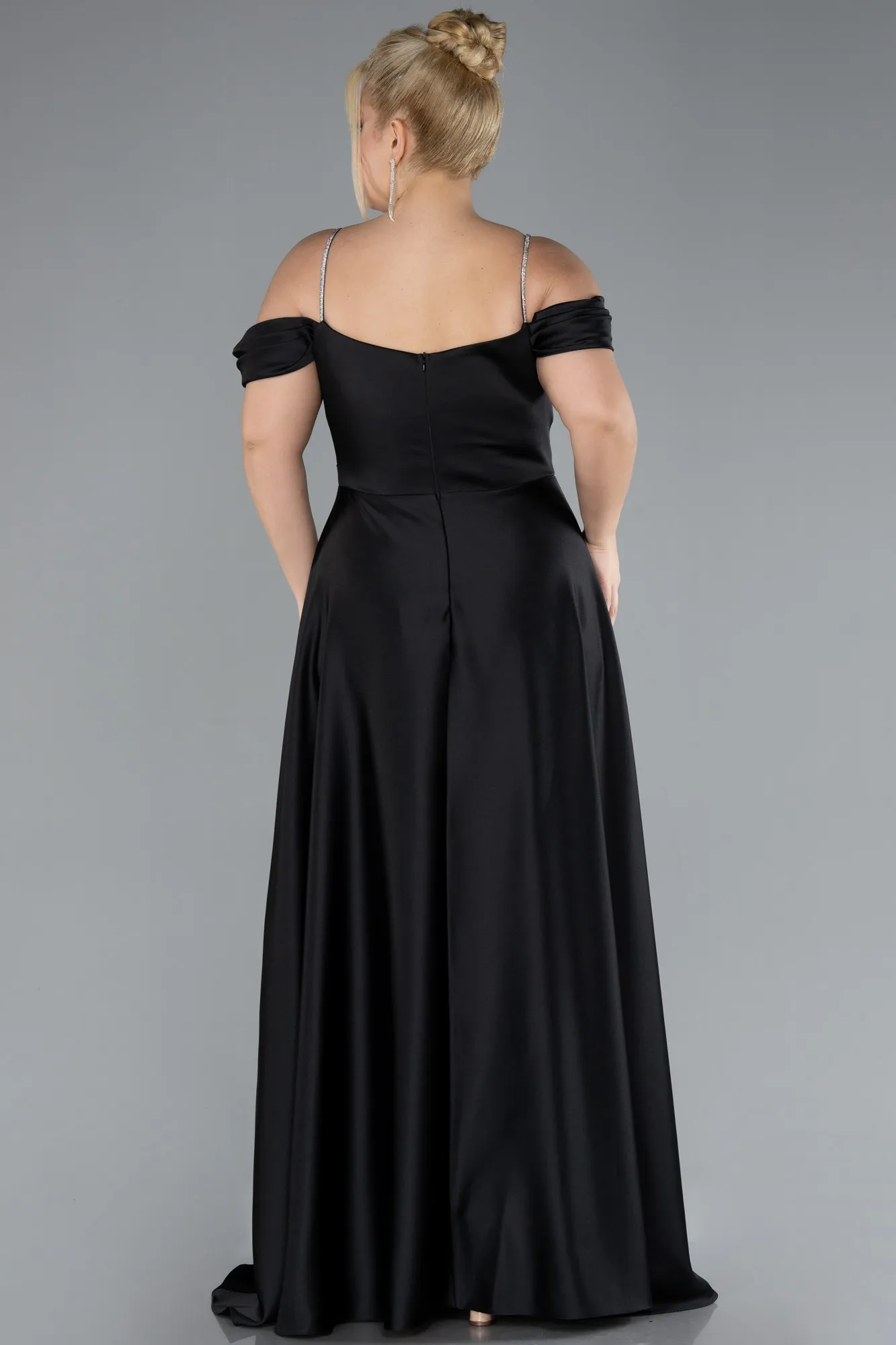 Black-Strapy Slit Long Satin Plus Size Evening Gown ABU4528