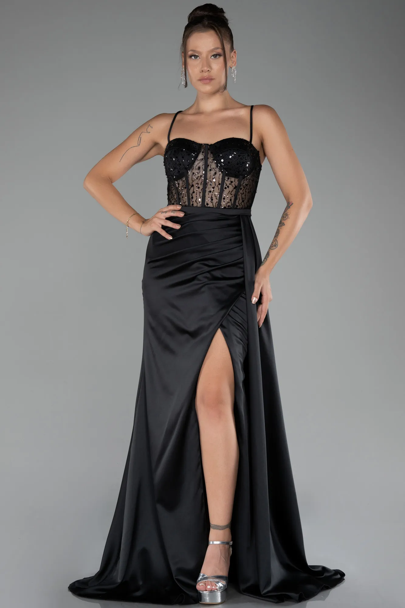 Black-Underwire On Top Slit Long Satin Eevning Gown ABU4090