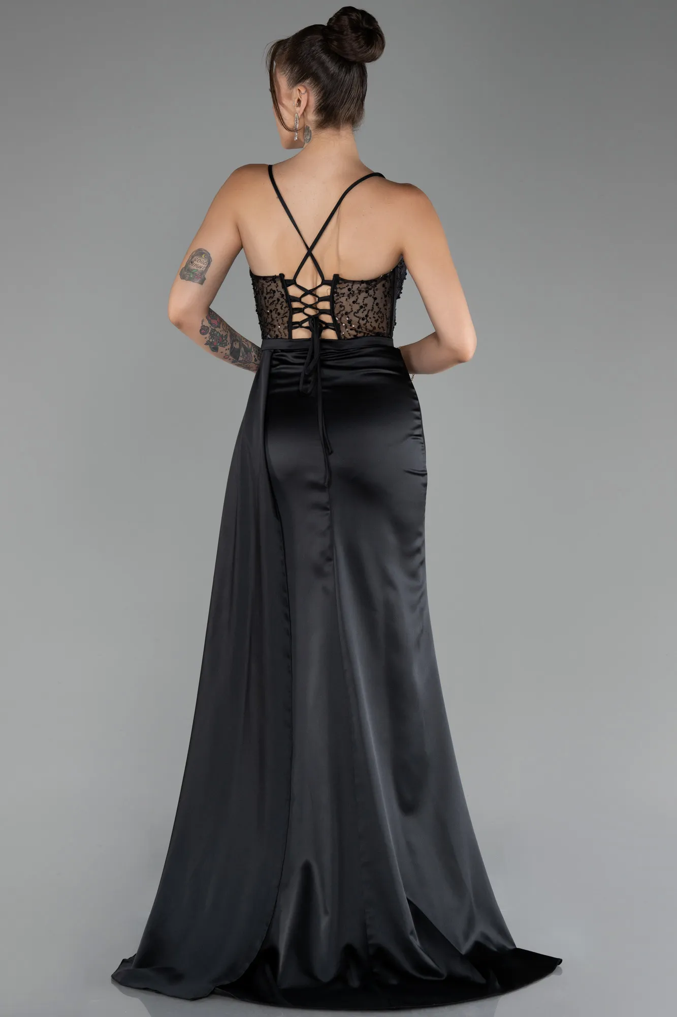 Black-Underwire On Top Slit Long Satin Eevning Gown ABU4090