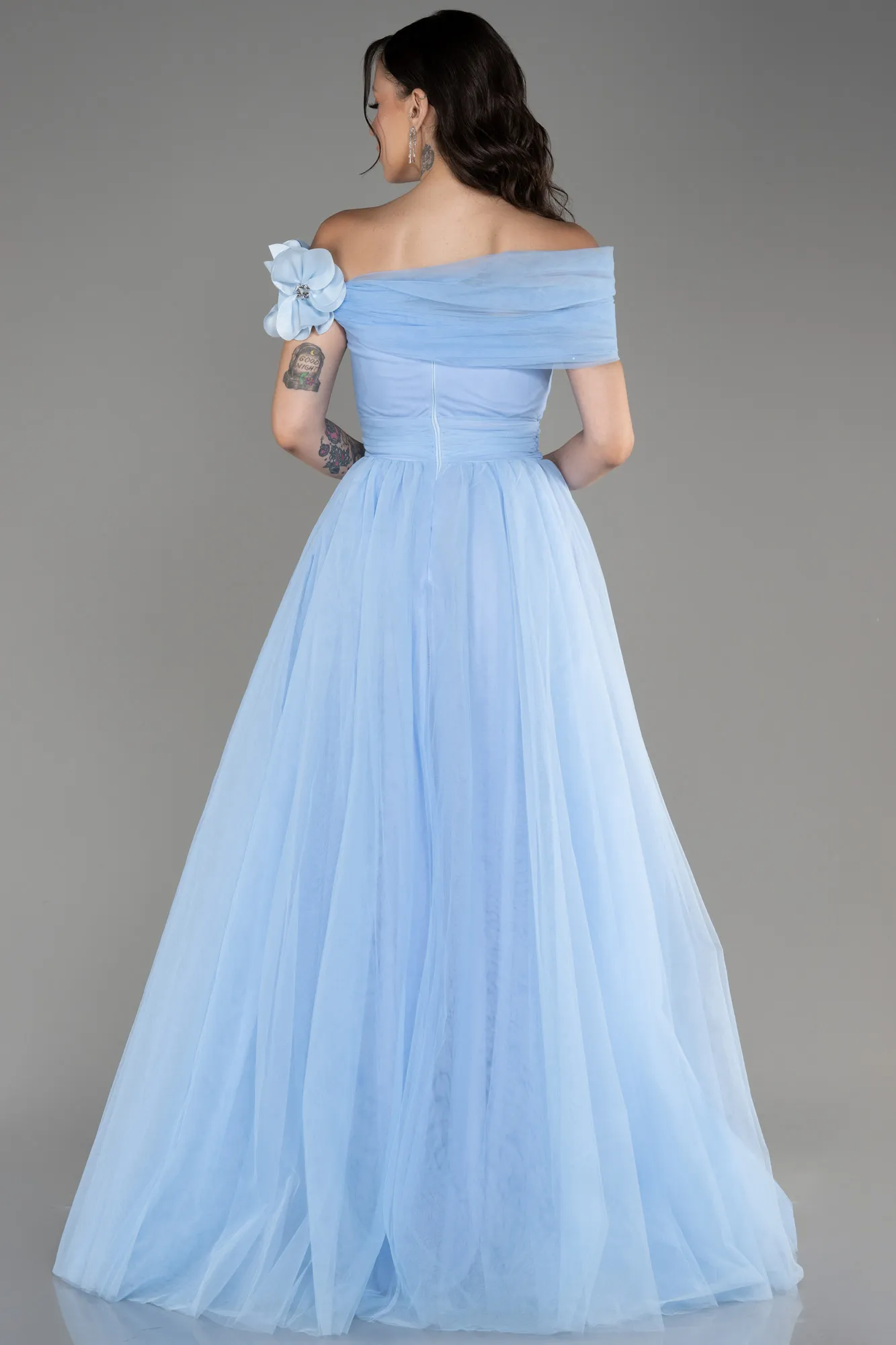 Blue-Boat Neck Long Princess Evening Dress ABU3958