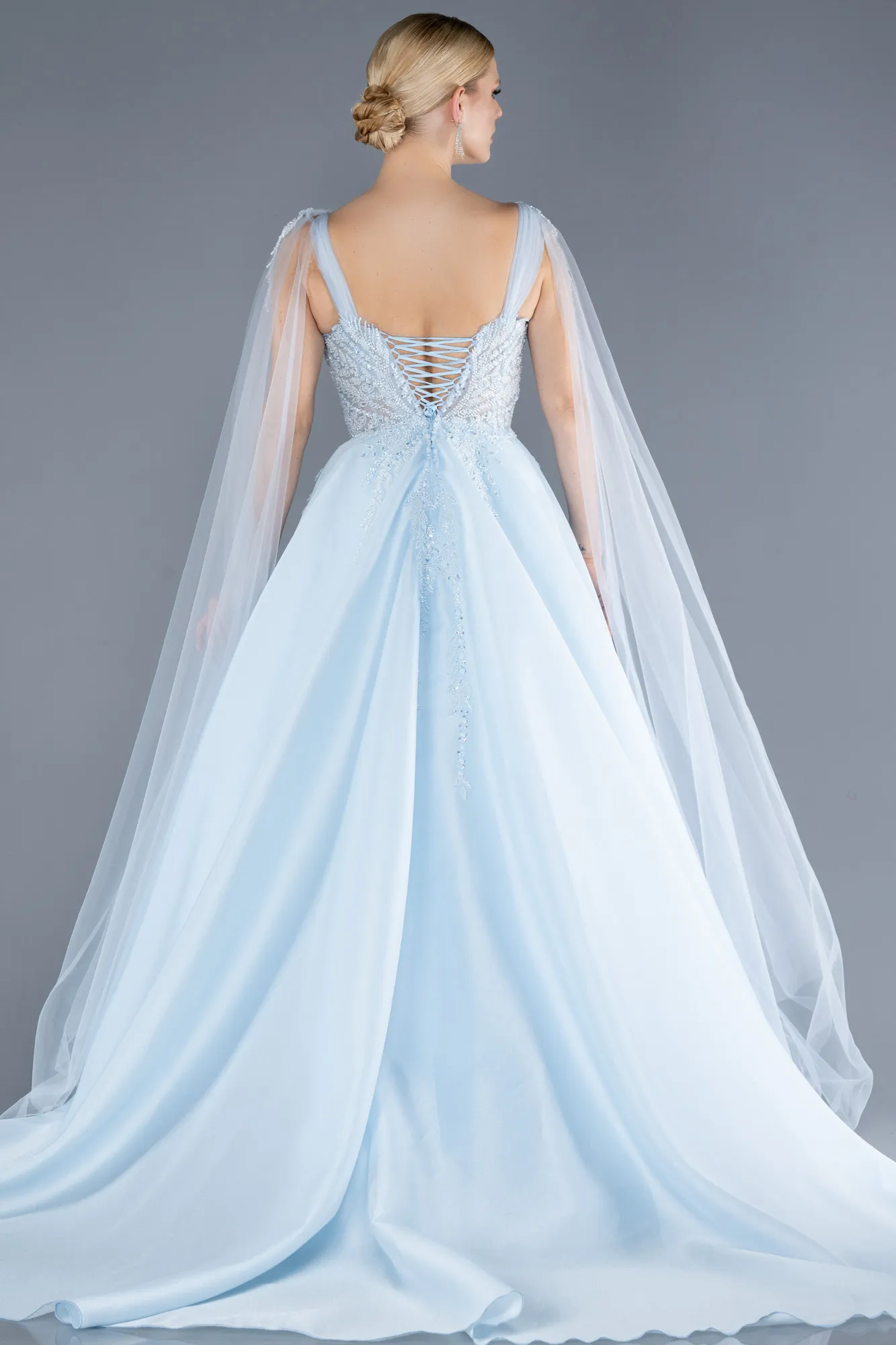 Blue-Sleeveless Stoned Long Haute Couture Dress ABU4432