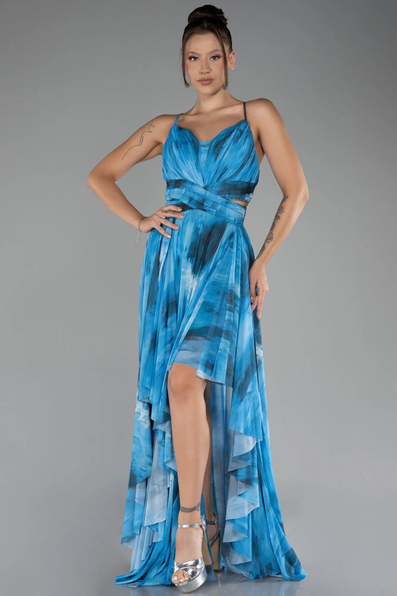 Blue-Slit Long Printed Prom Dress ABU4168