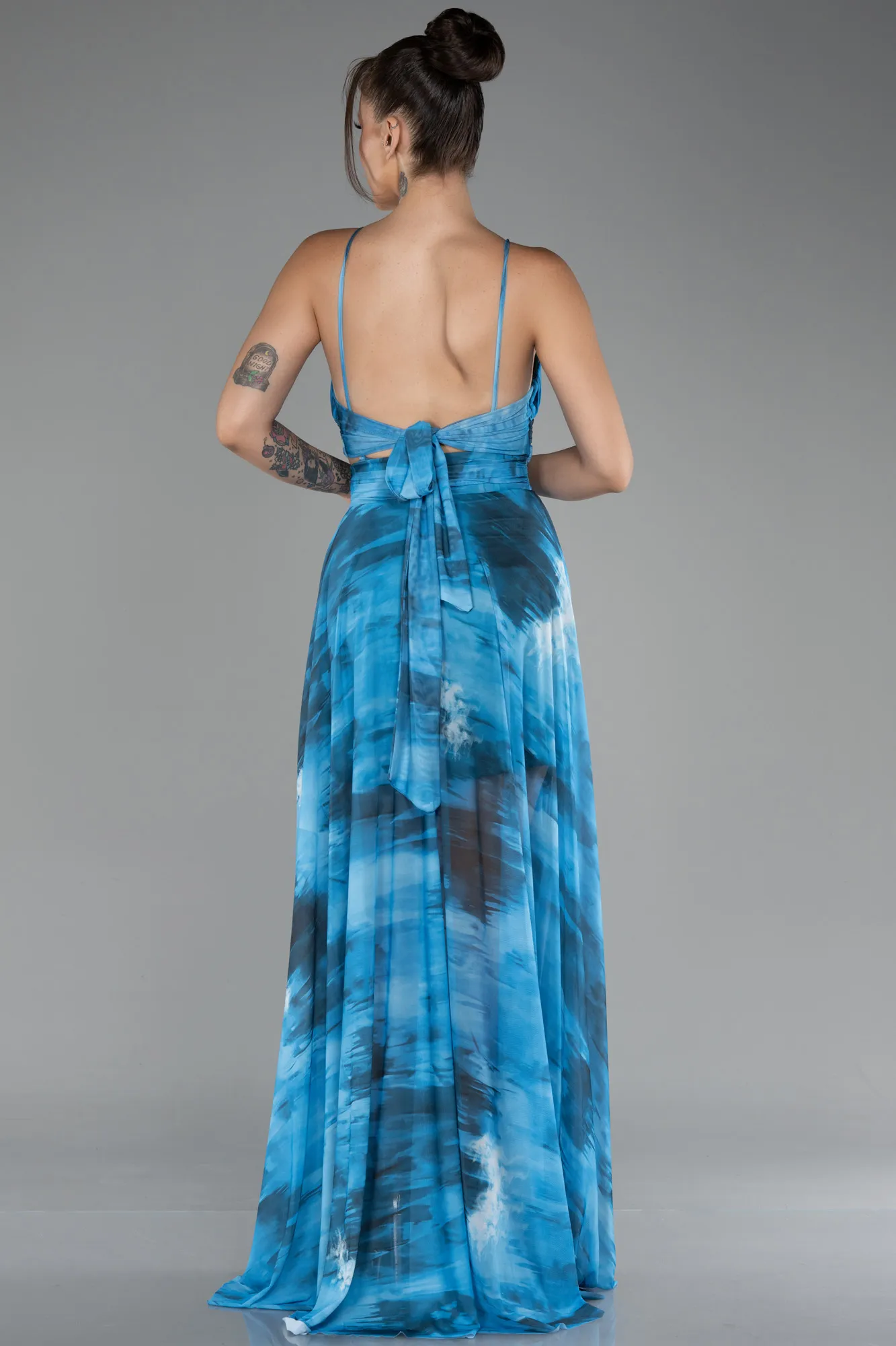 Blue-Slit Long Printed Prom Dress ABU4168