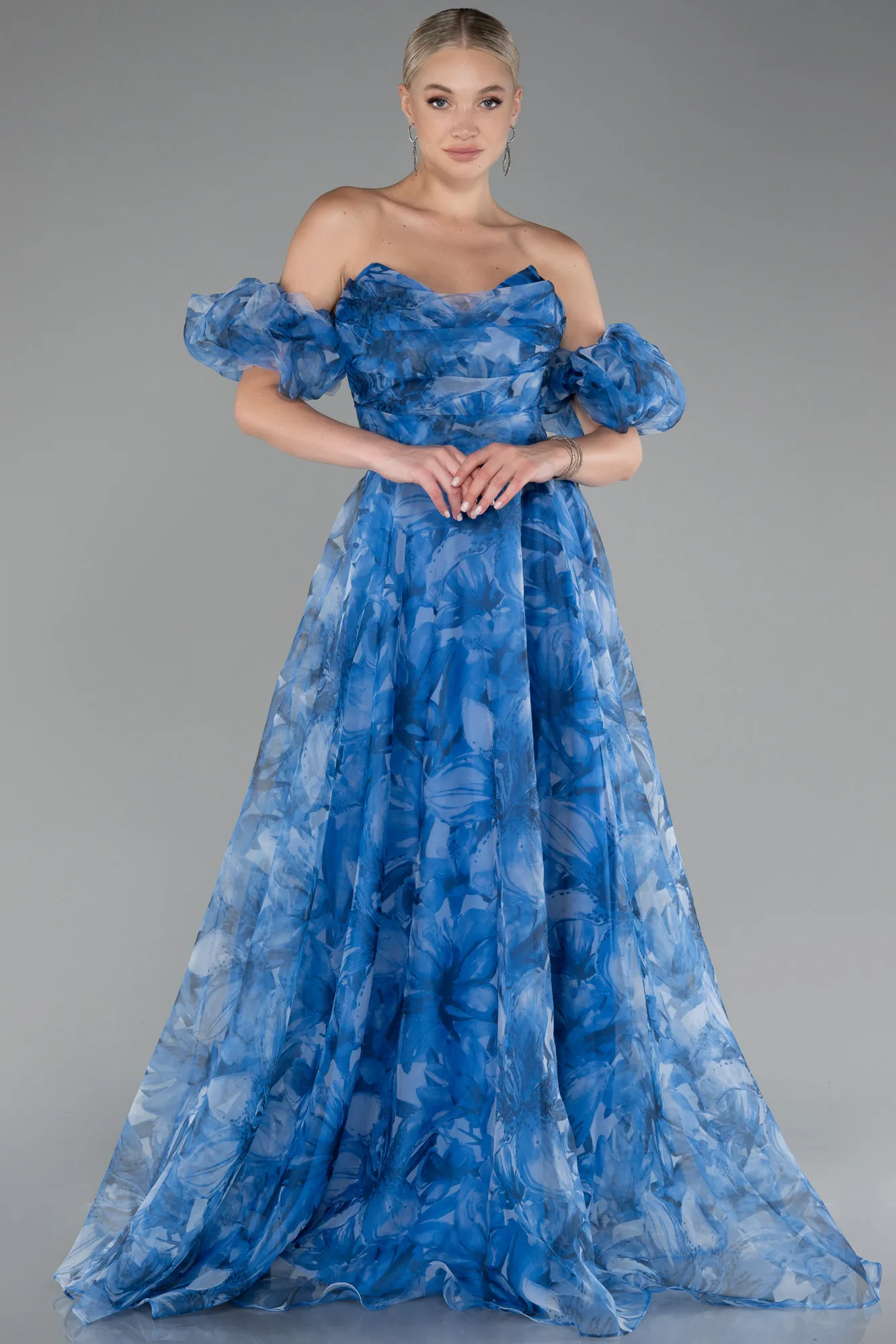 Blue-Strapless Patterned Long Chiffon Prom Dress ABU4064