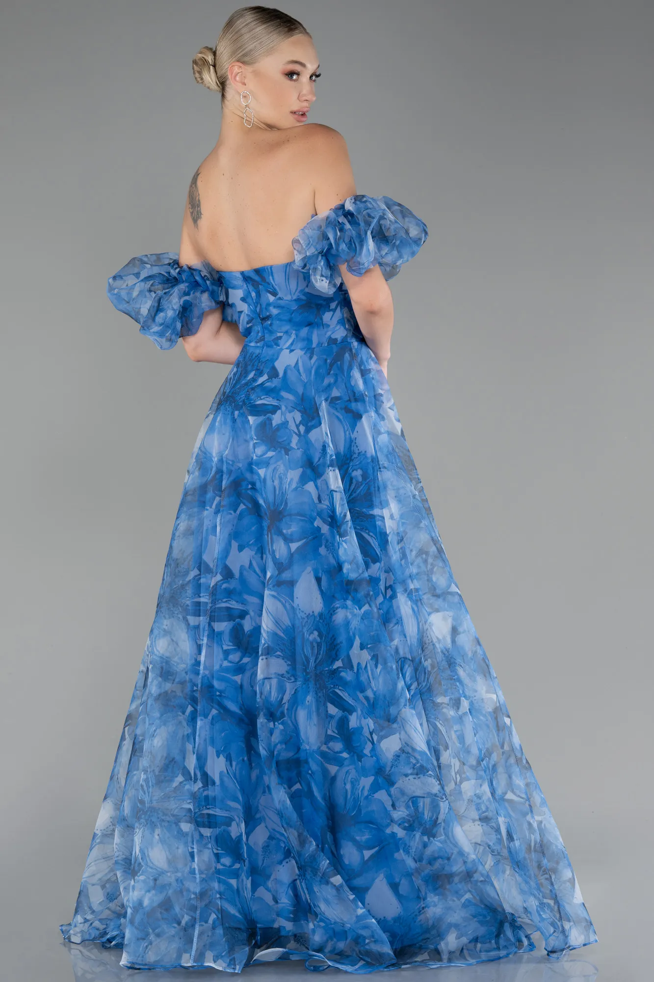 Blue-Strapless Patterned Long Chiffon Prom Dress ABU4064