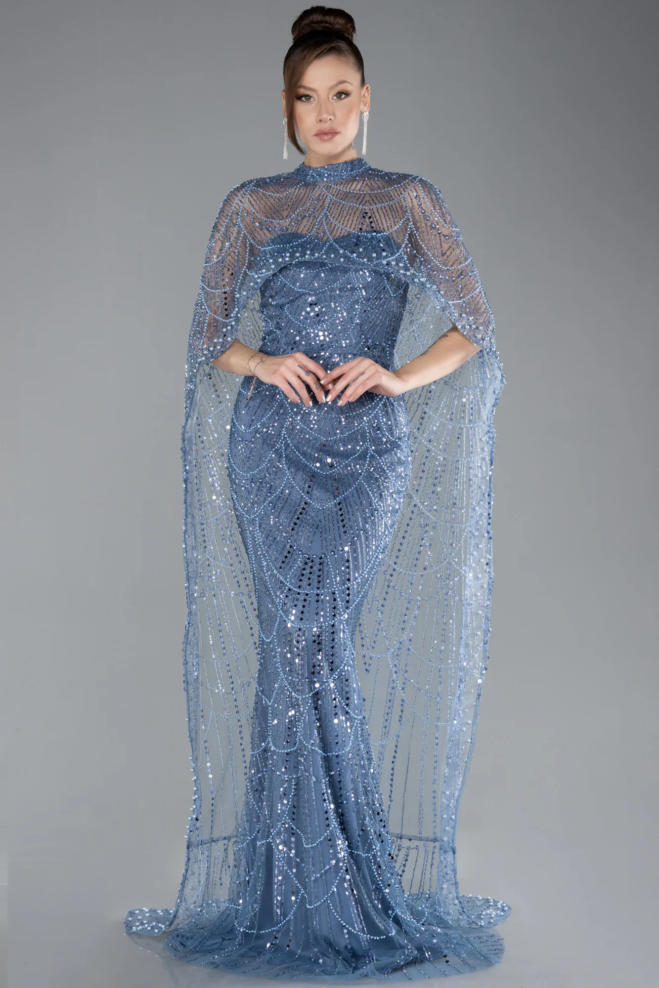 Blue-Strapless Shawl Stoned Long Evening Gown ABU4517