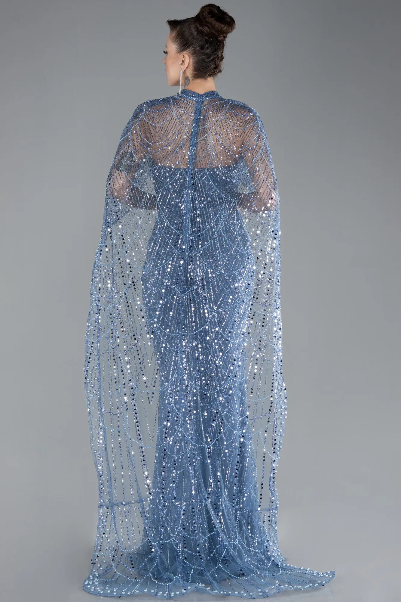 Blue-Strapless Shawl Stoned Long Evening Gown ABU4517