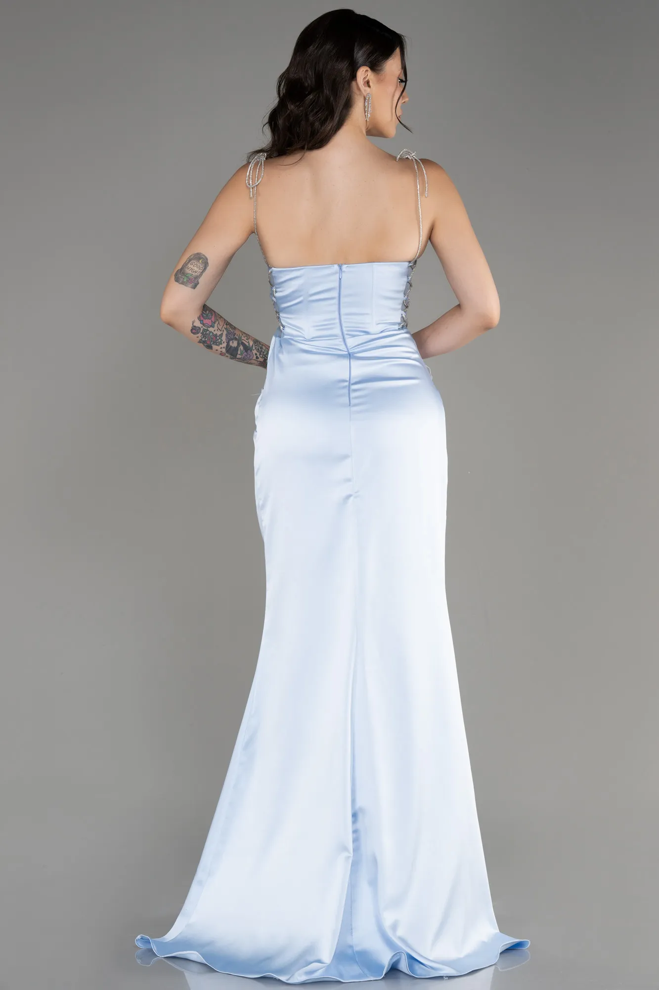 Blue-Strapless Slit Long Satin Evening Dress ABU3866