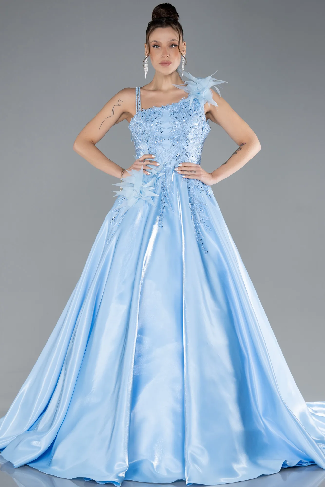 Blue-Strappy Beaded Long Princess Haute Couture Dress ABU4438