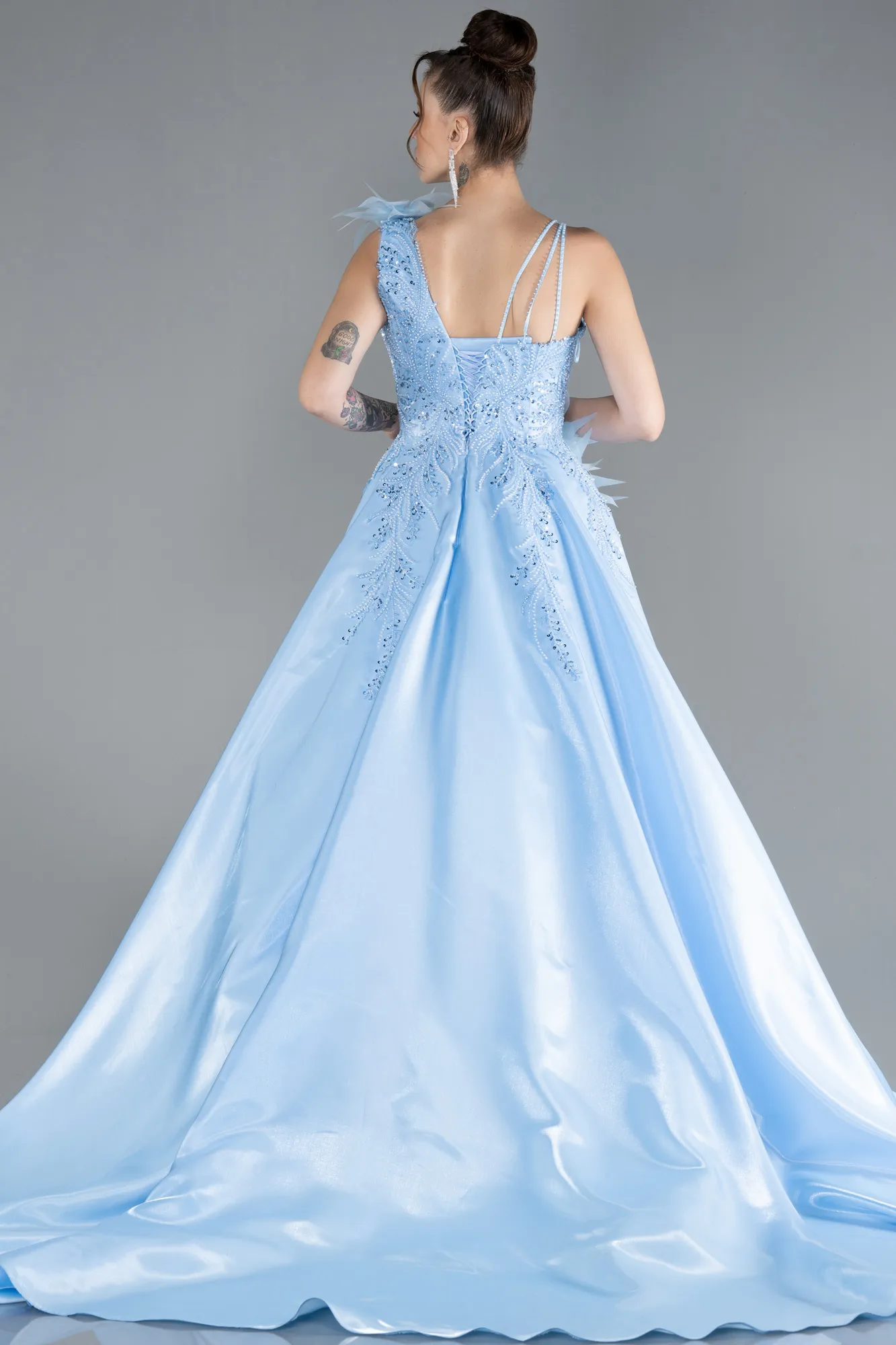 Blue-Strappy Beaded Long Princess Haute Couture Dress ABU4438