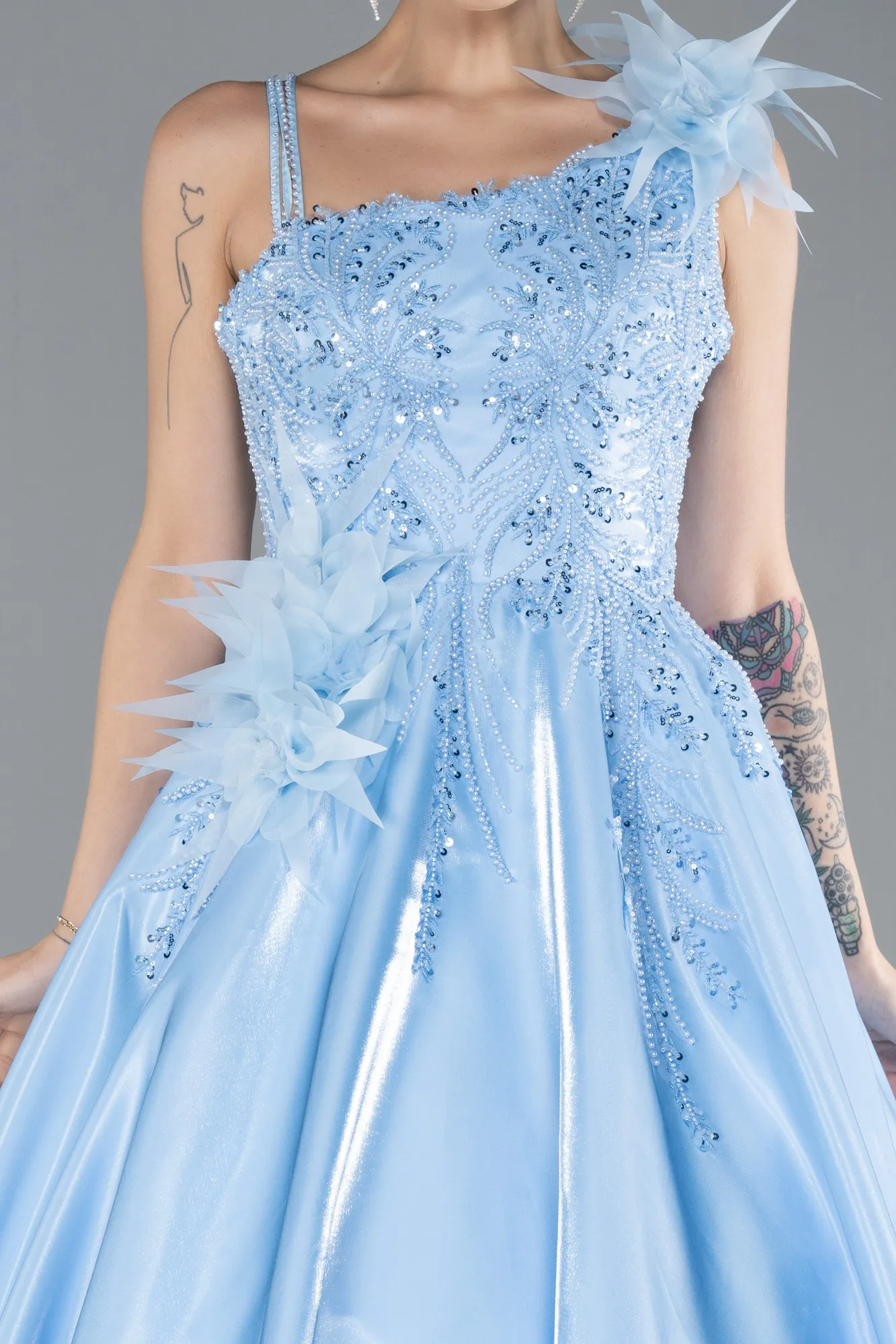 Blue-Strappy Beaded Long Princess Haute Couture Dress ABU4438