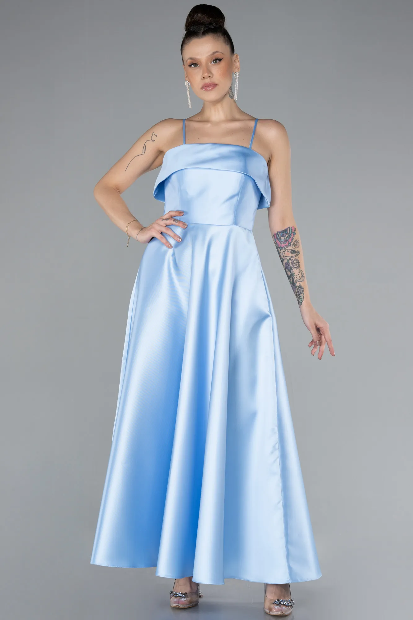 Blue-Strappy Midi Satin Evening Dress ABK2210