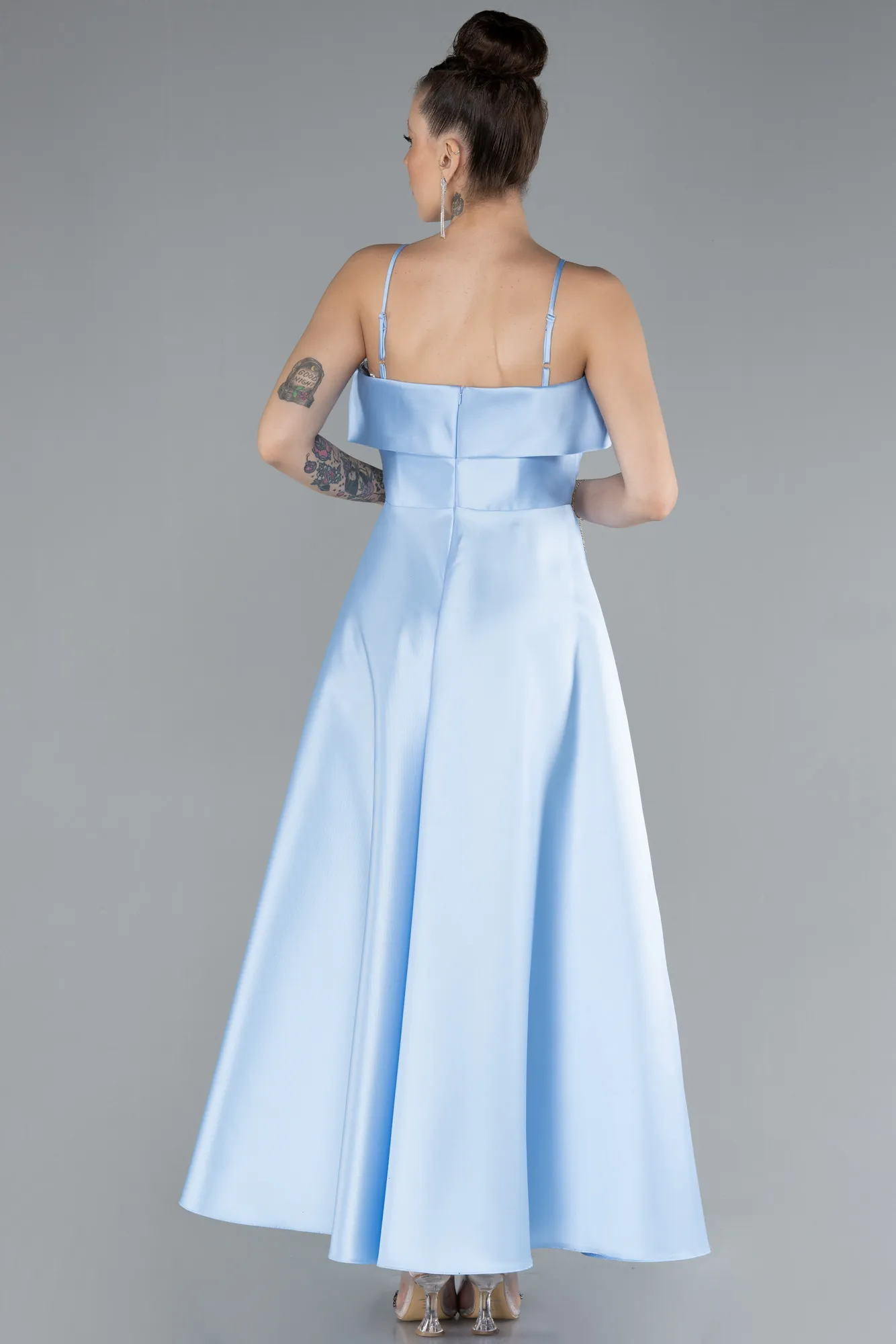 Blue-Strappy Midi Satin Evening Dress ABK2210