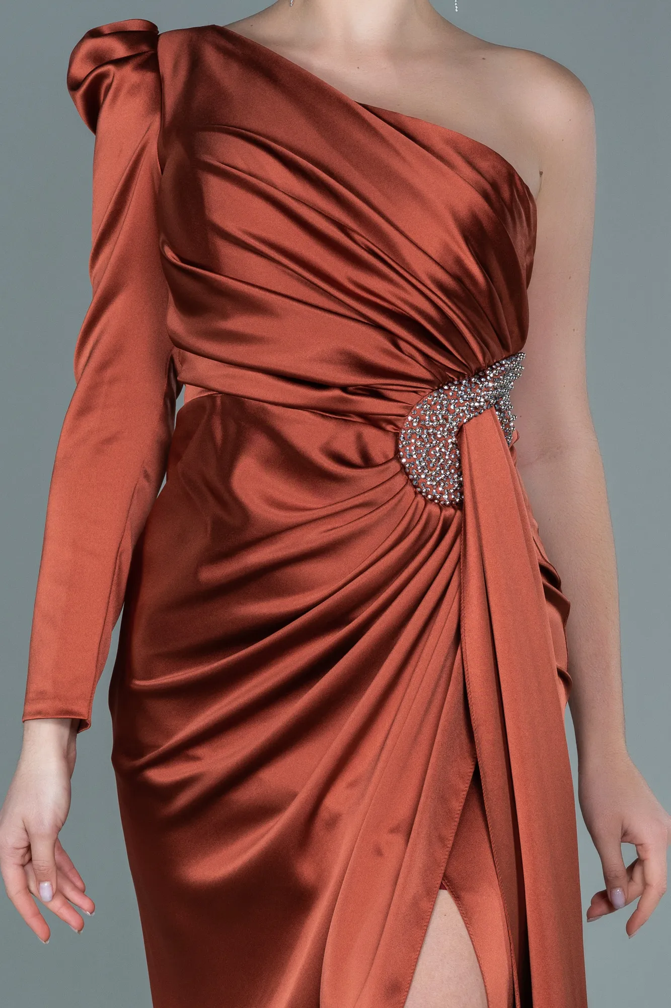 Brick Color-Long Satin Evening Dress ABU2676