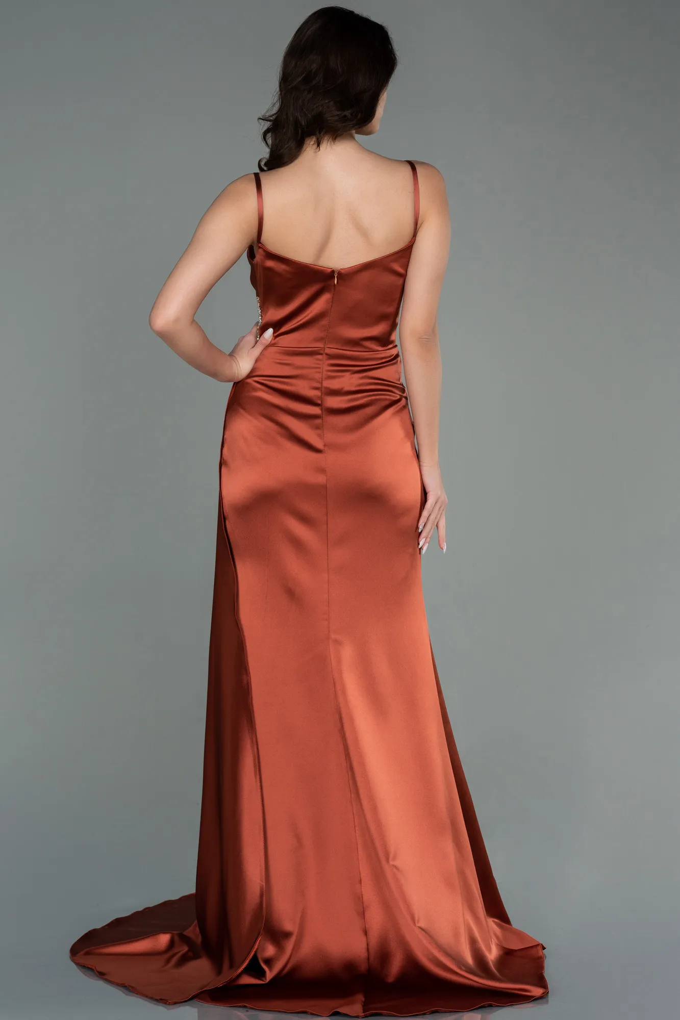 Brick Color-Long Satin Evening Dress ABU2792