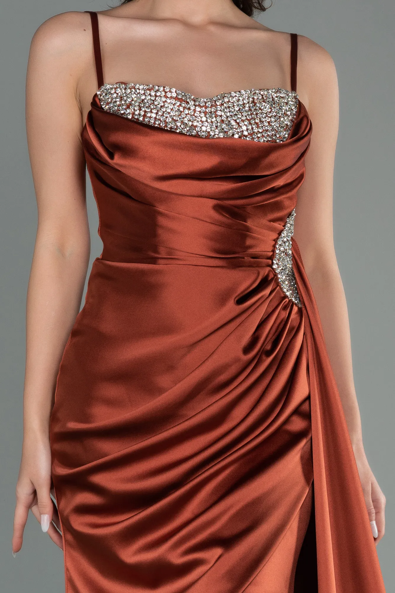 Brick Color-Long Satin Evening Dress ABU2792