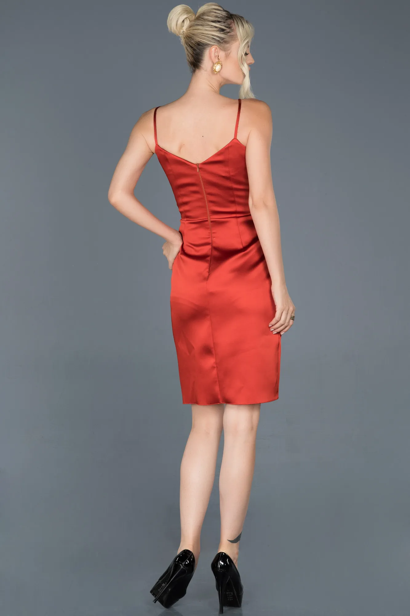 Brick Color-Short Satin Invitation Dress ABK624