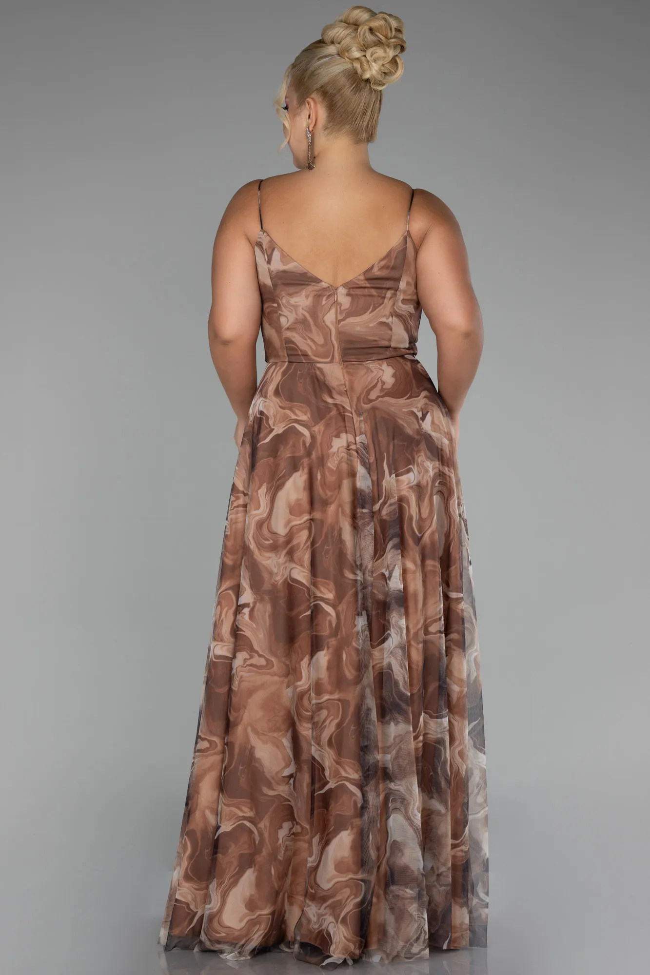 Brown-Slit Long Patterned Plus Size Prom Dress ABU4355