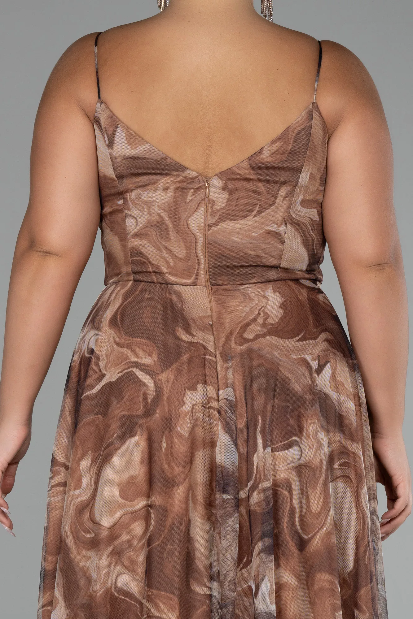 Brown-Slit Long Patterned Plus Size Prom Dress ABU4355