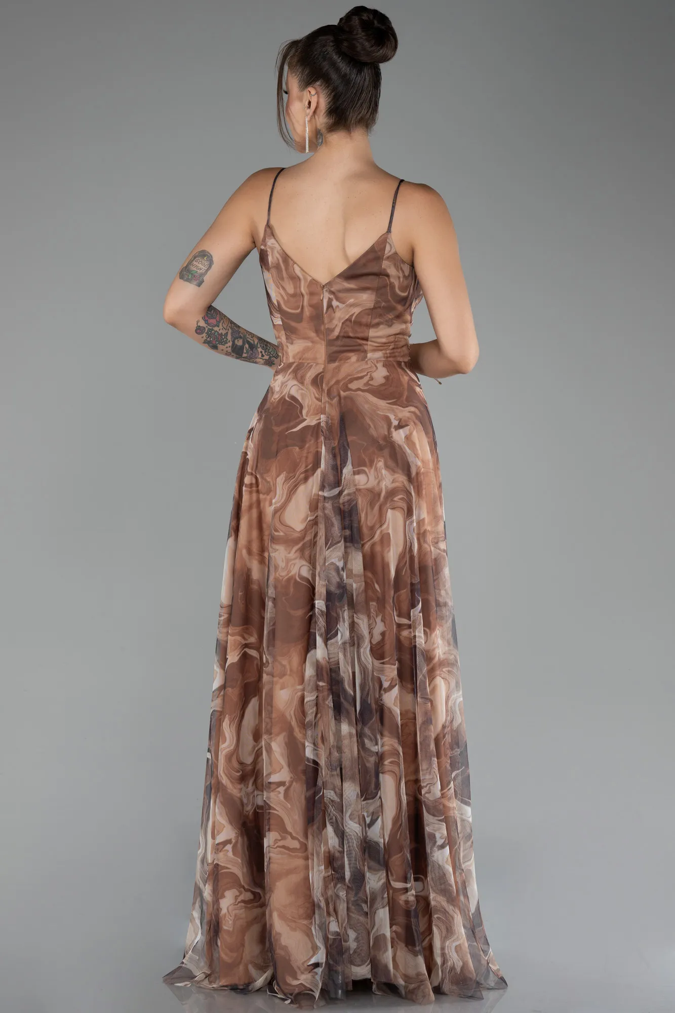 Brown-Slit Long Printed Prom Dress ABU4359