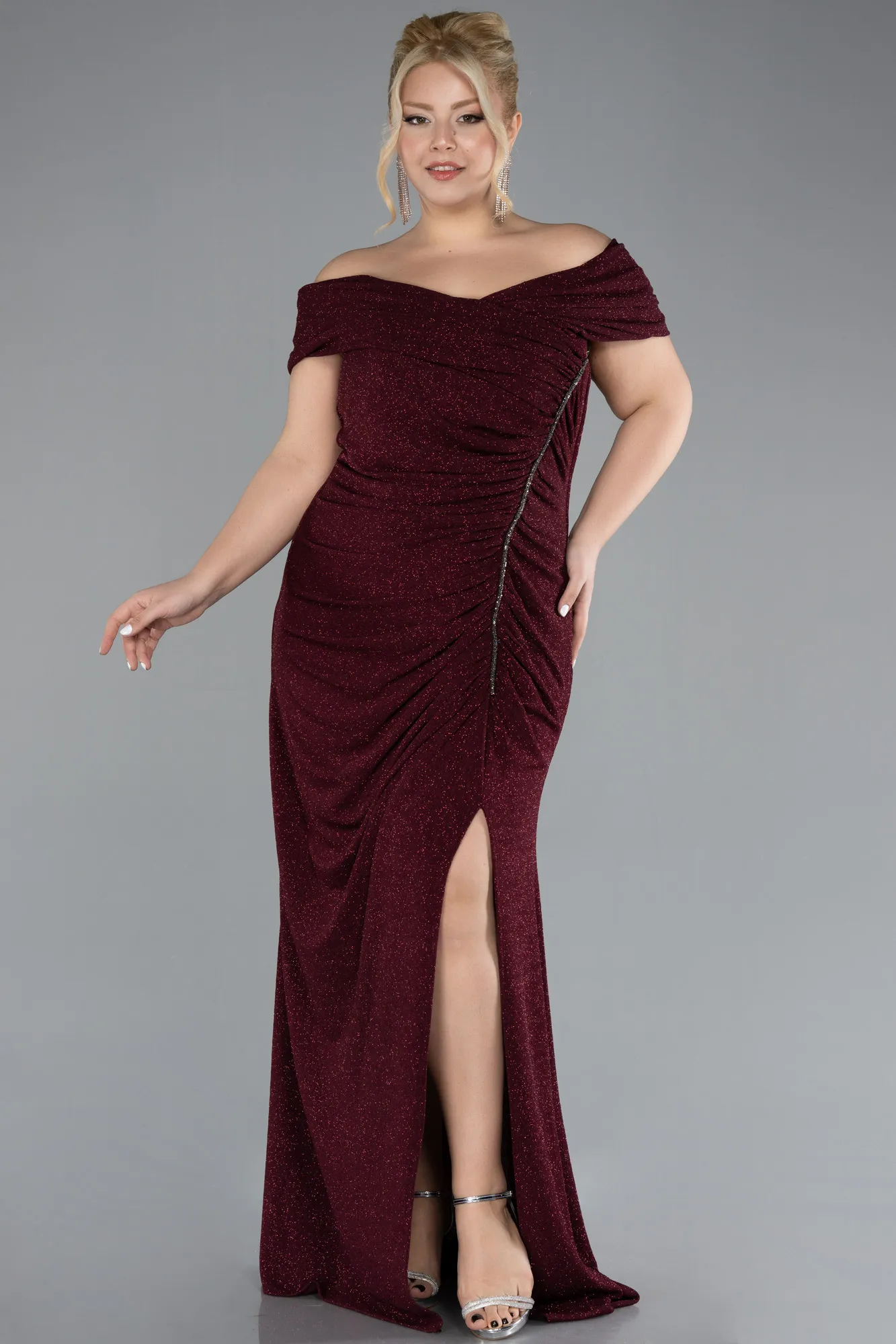 Burgundy-Boat Neck Slit Long Glitter Plus Size Evening Dress ABU4318