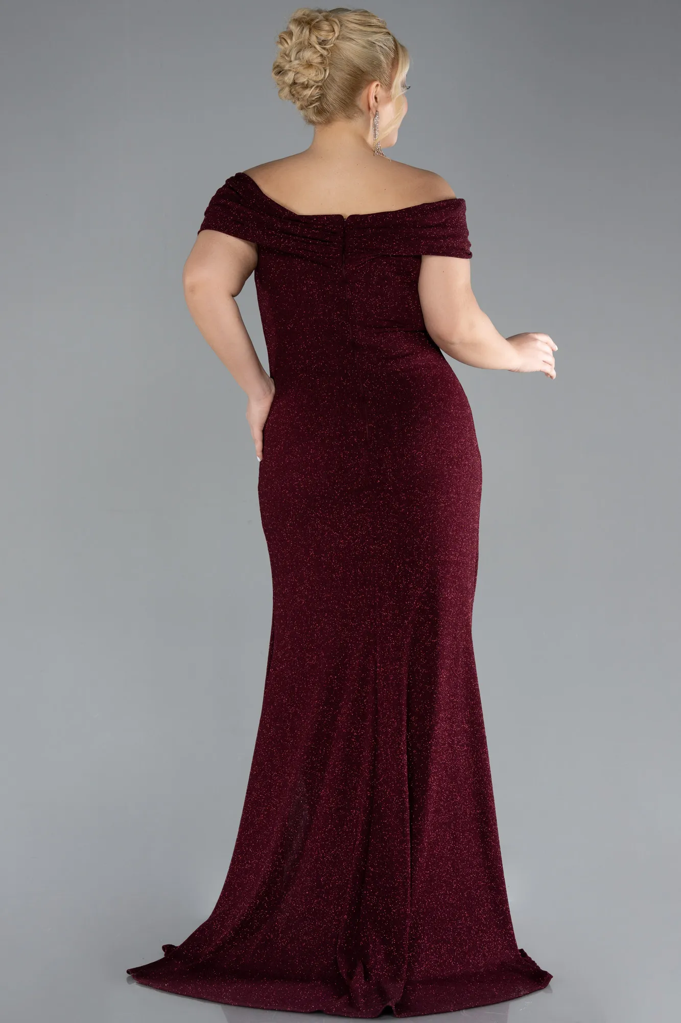 Burgundy-Boat Neck Slit Long Glitter Plus Size Evening Dress ABU4318