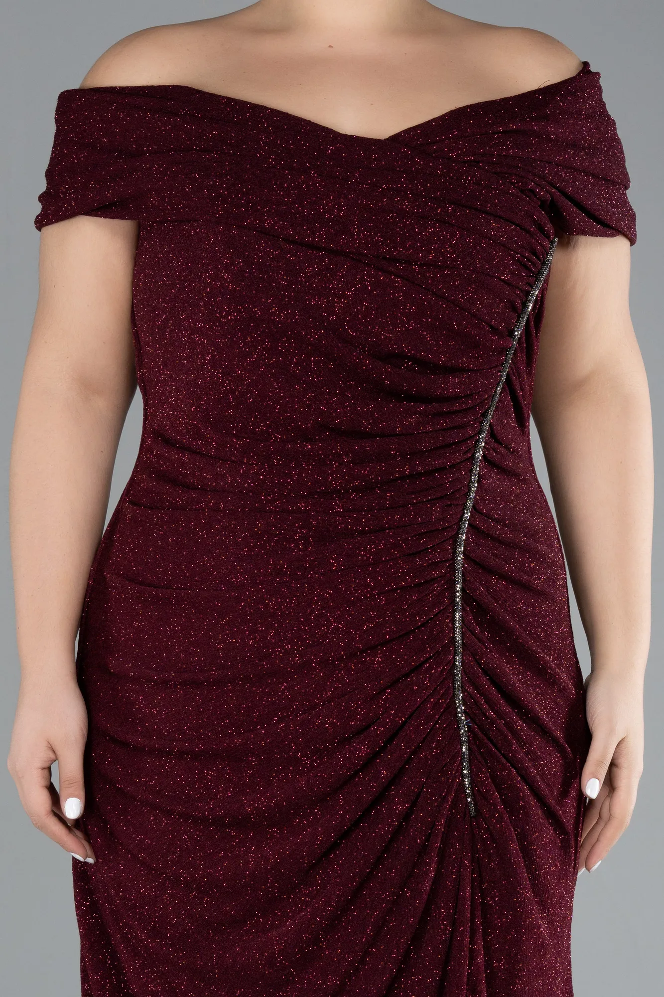 Burgundy-Boat Neck Slit Long Glitter Plus Size Evening Dress ABU4318