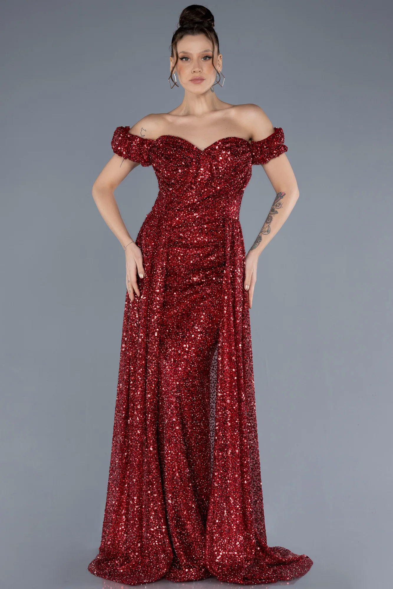 Burgundy-Boat Neck Tail Long Stone Evening Gown  ABU4224